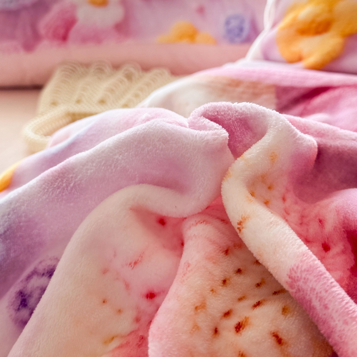 91家纺网 家纺一手货源 找家纺 馨语家居 2025新款直播热款高克重保暖卡通牛奶绒印花四件套 一路生花