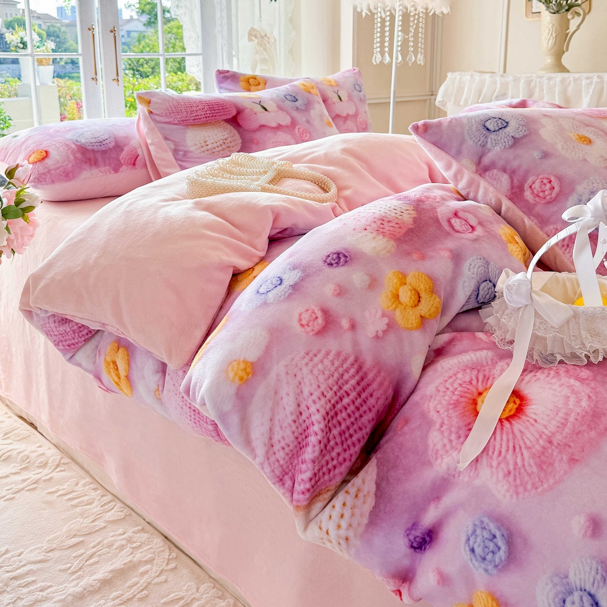 91家纺网 家纺一手货源 找家纺 馨语家居 2025新款直播热款高克重保暖卡通牛奶绒印花四件套 一路生花