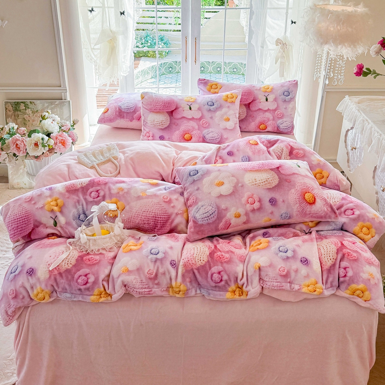 91家纺网 家纺一手货源 找家纺 馨语家居 2025新款直播热款高克重保暖卡通牛奶绒印花四件套 一路生花