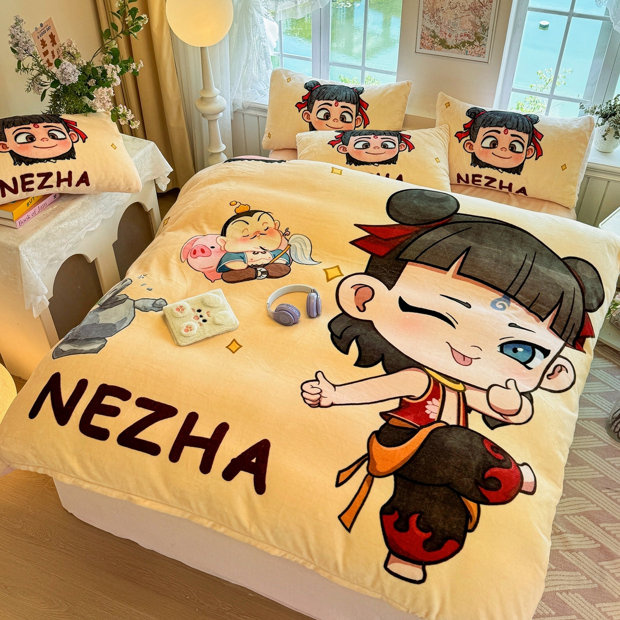 91家纺网 家纺一手货源 找家纺 馨语家居 2025新款直播热款高克重保暖卡通牛奶绒印花四件套 少年哪吒