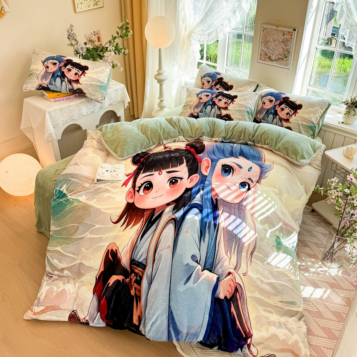 91家纺网 家纺一手货源 找家纺 馨语家居 2025新款直播热款高克重保暖卡通牛奶绒印花四件套 哪吒敖丙