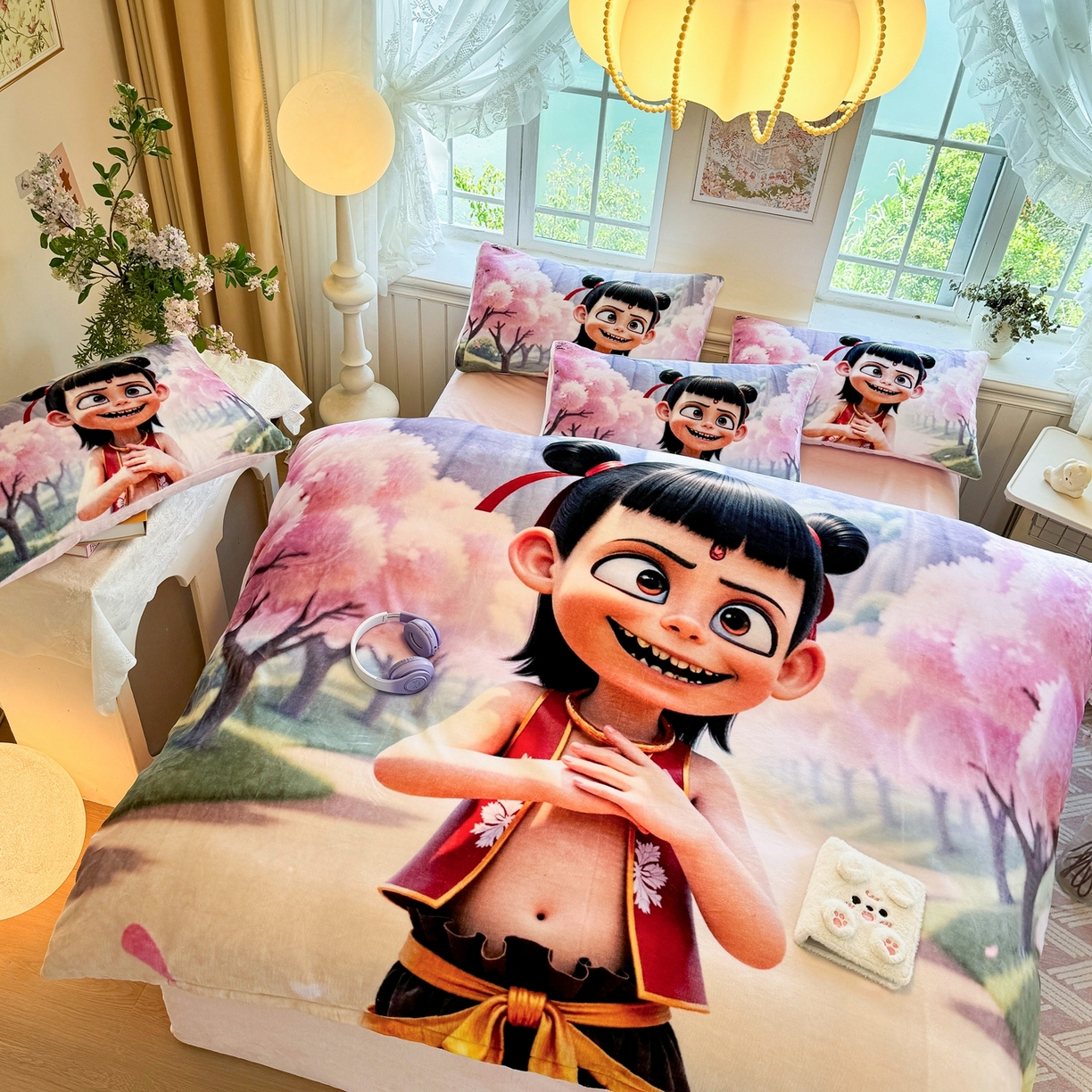91家纺网 家纺一手货源 找家纺 馨语家居 2025新款直播热款高克重保暖卡通牛奶绒印花四件套 魔童哪吒