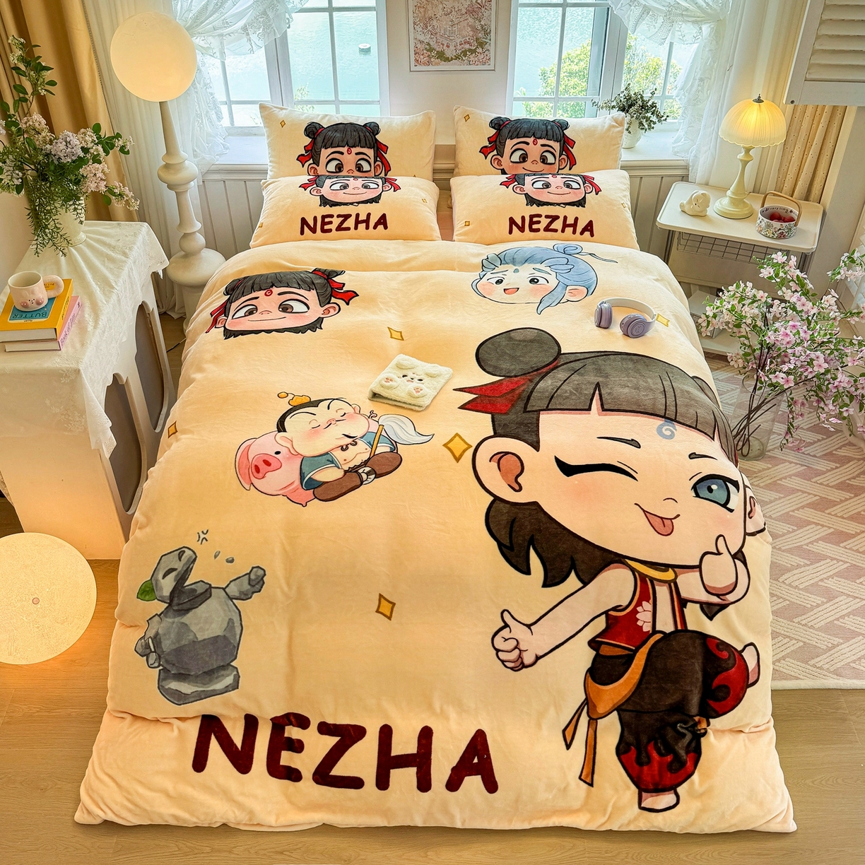 91家纺网 家纺一手货源 找家纺 馨语家居 2025新款直播热款高克重保暖卡通牛奶绒印花四件套 少年哪吒