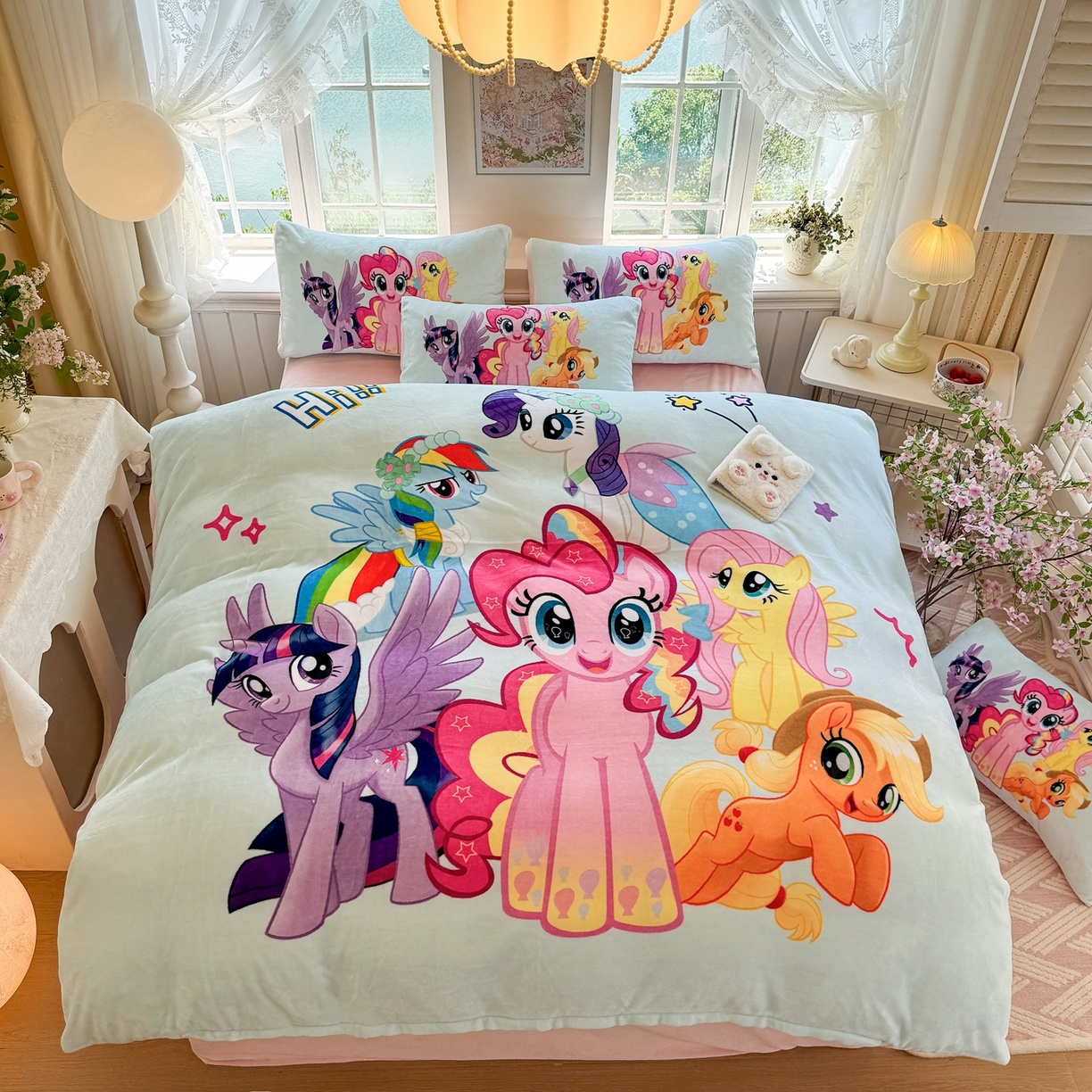 91家纺网 家纺一手货源 找家纺 馨语家居 2025新款直播热款高克重保暖卡通牛奶绒印花四件套 小马碧琪