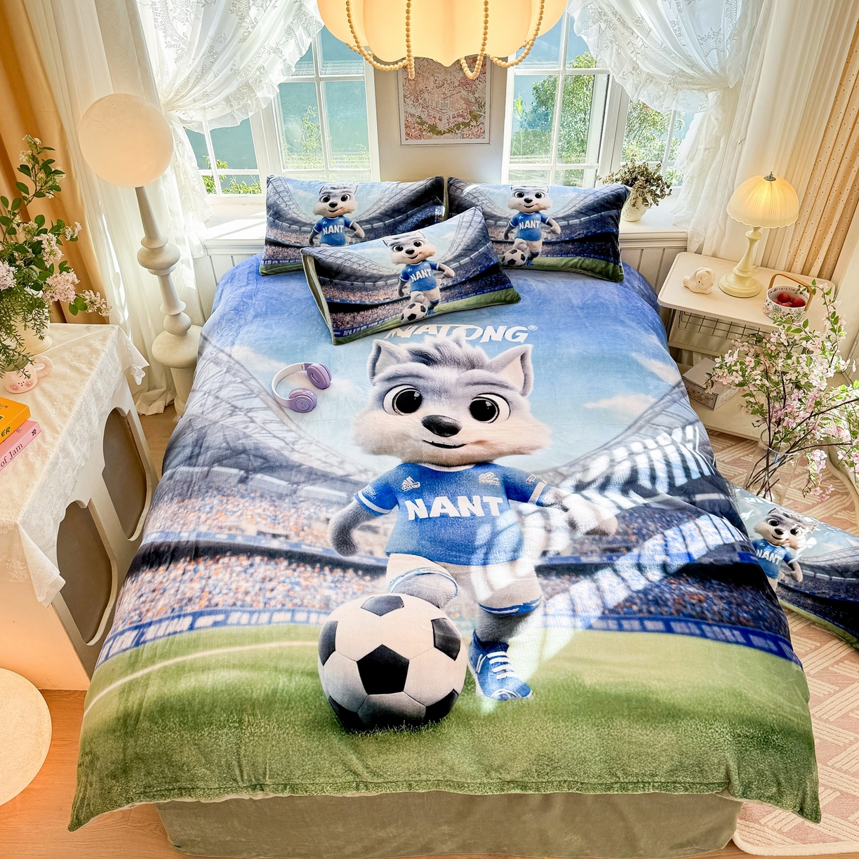 91家纺网 家纺一手货源 找家纺 馨语家居 2025新款直播热款高克重保暖卡通牛奶绒印花四件套 南通狼