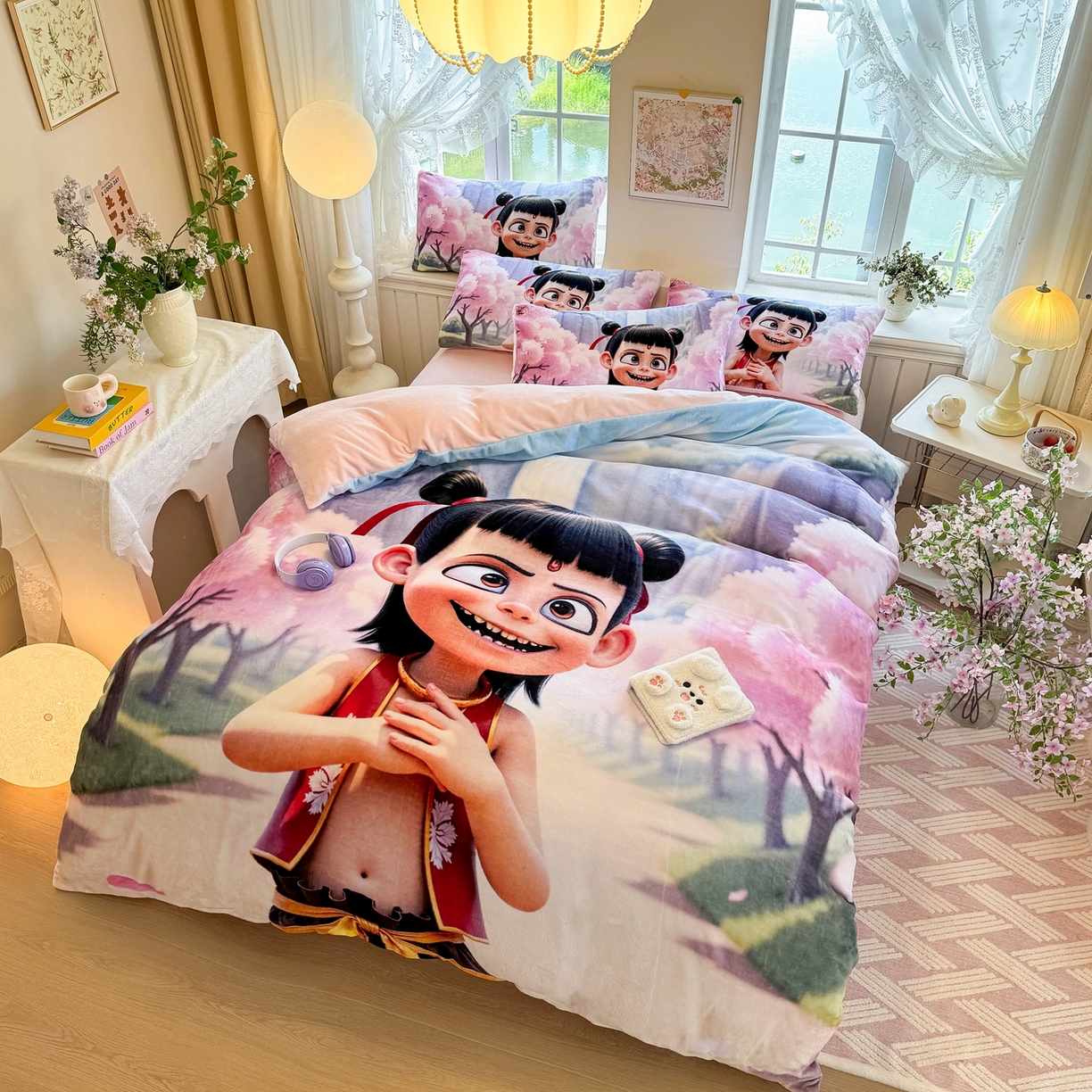 91家纺网 家纺一手货源 找家纺 馨语家居 2025新款直播热款高克重保暖卡通牛奶绒印花四件套 魔童哪吒