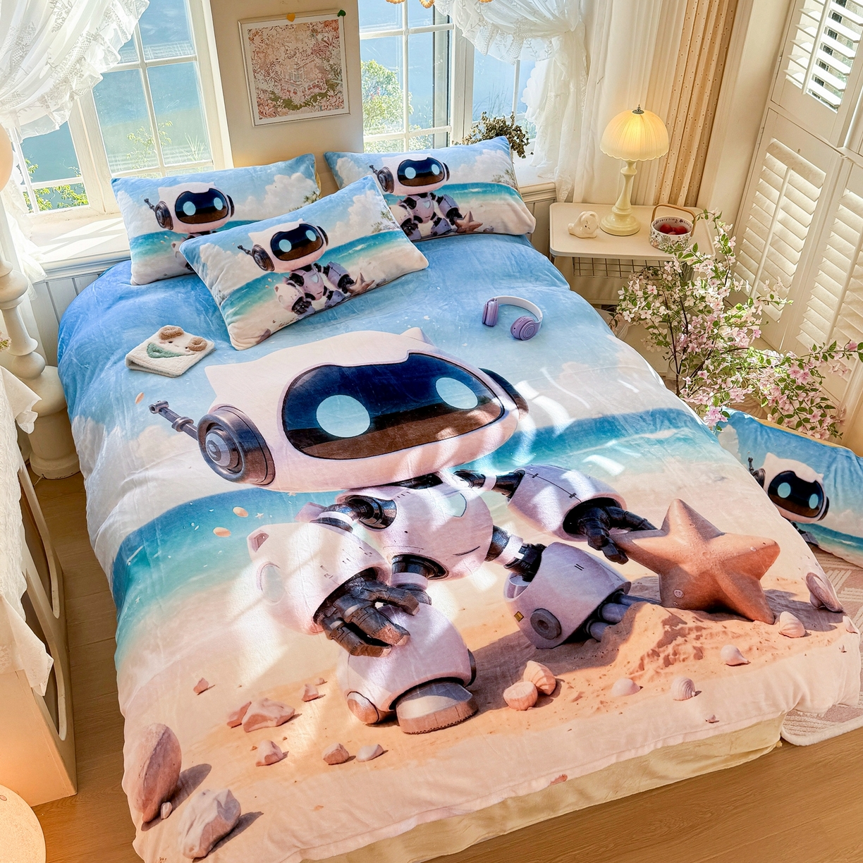 91家纺网 家纺一手货源 找家纺 馨语家居 2025新款直播热款高克重保暖卡通牛奶绒印花四件套 海洋机器人