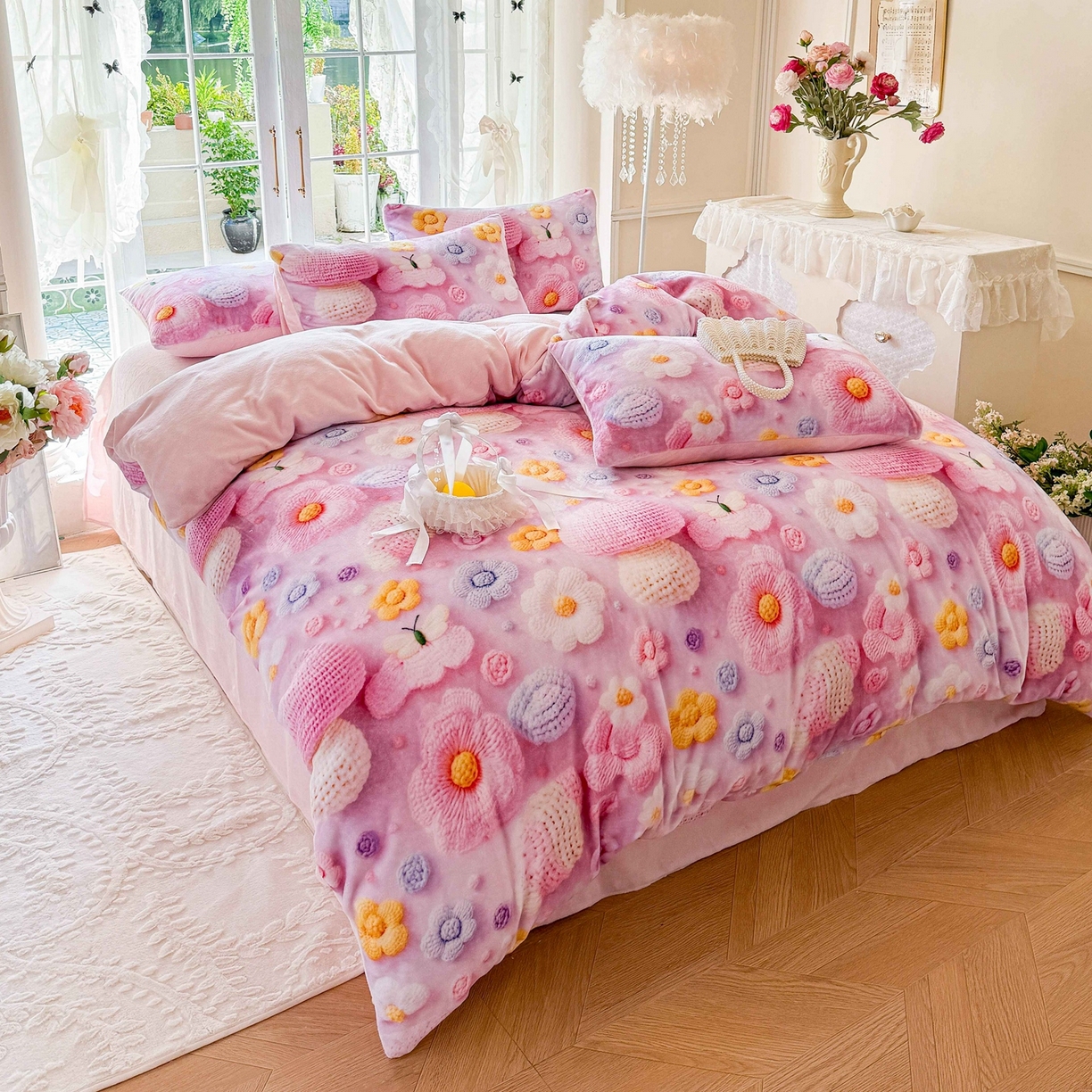 91家纺网 家纺一手货源 找家纺 馨语家居 2025新款直播热款高克重保暖卡通牛奶绒印花四件套 一路生花