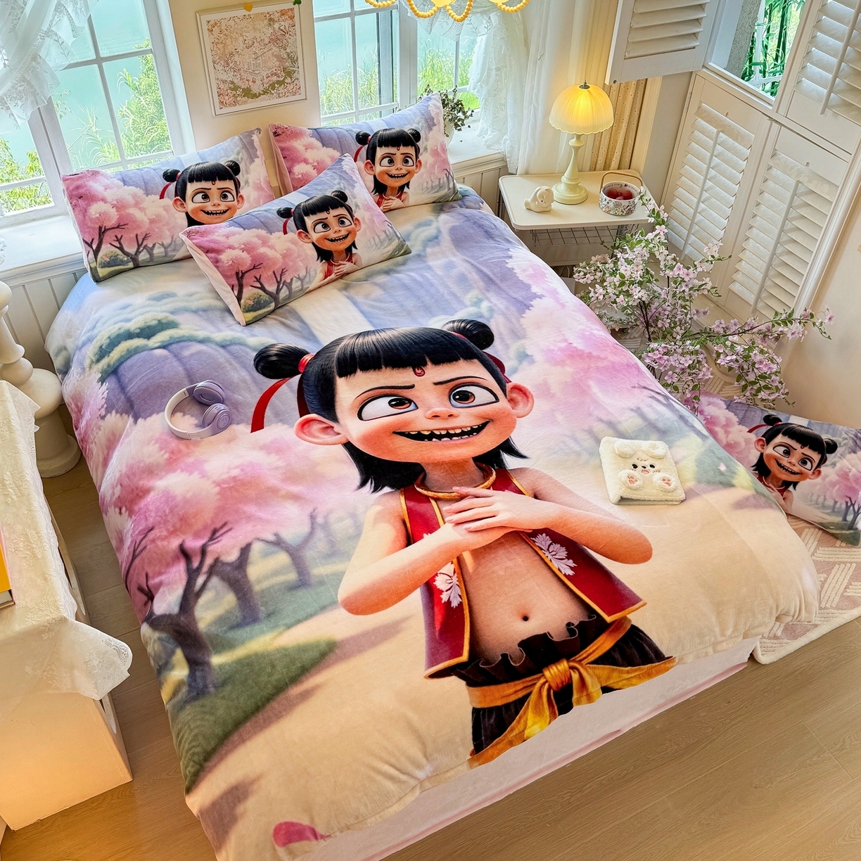 91家纺网 家纺一手货源 找家纺 馨语家居 2025新款直播热款高克重保暖卡通牛奶绒印花四件套 魔童哪吒