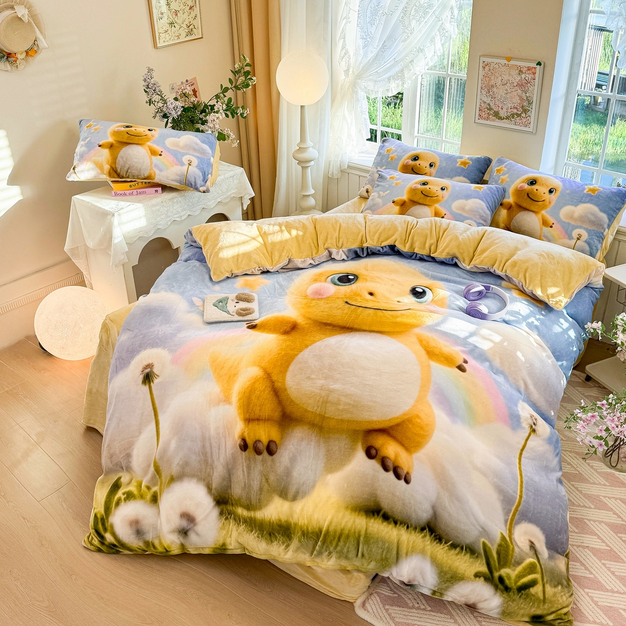 91家纺网 家纺一手货源 找家纺 馨语家居 2025新款直播热款高克重保暖卡通牛奶绒印花四件套 小奶龙