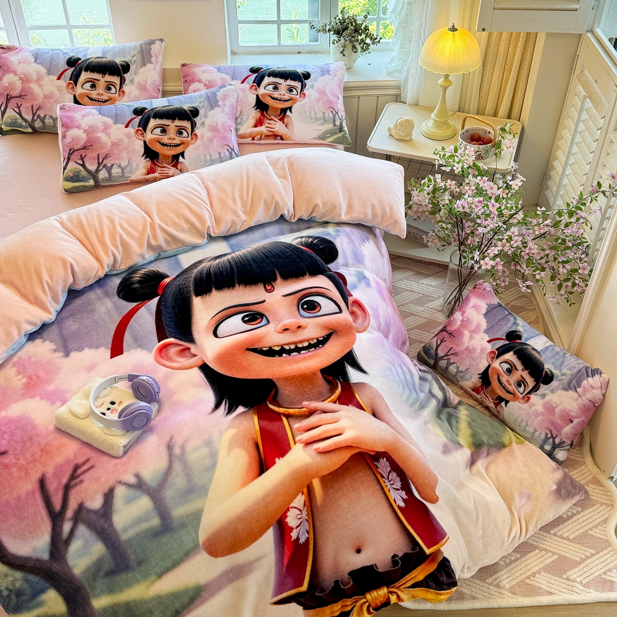 91家纺网 家纺一手货源 找家纺 馨语家居 2025新款直播热款高克重保暖卡通牛奶绒印花四件套 魔童哪吒