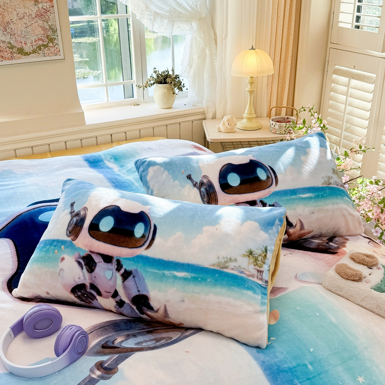 91家纺网 家纺一手货源 找家纺 馨语家居 2025新款直播热款高克重保暖卡通牛奶绒印花四件套 海洋机器人