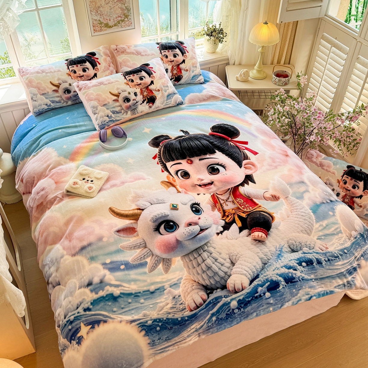 91家纺网 家纺一手货源 找家纺 馨语家居 2025新款直播热款高克重保暖卡通牛奶绒印花四件套 彩虹哪吒