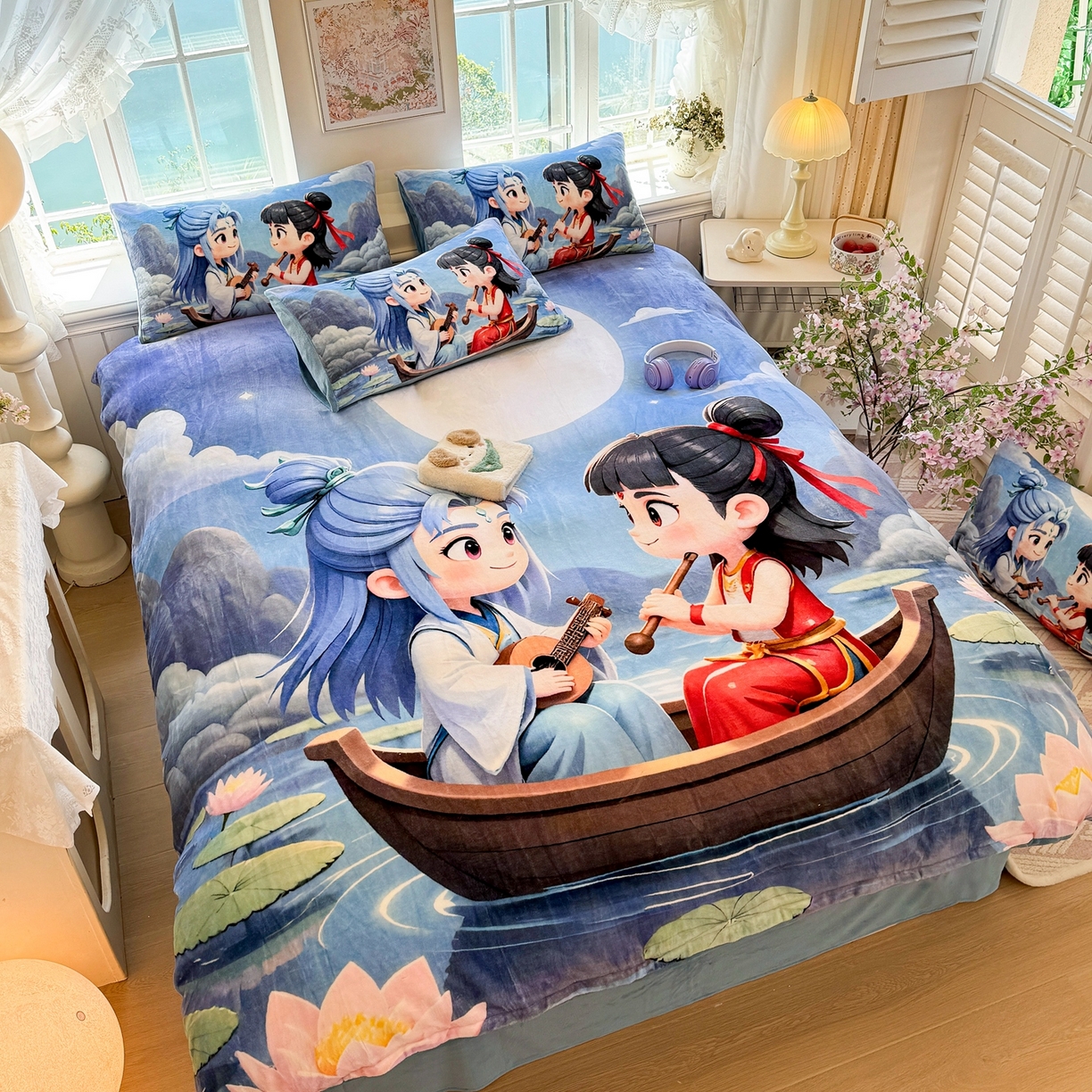 91家纺网 家纺一手货源 找家纺 馨语家居 2025新款直播热款高克重保暖卡通牛奶绒印花四件套 漂流哪吒