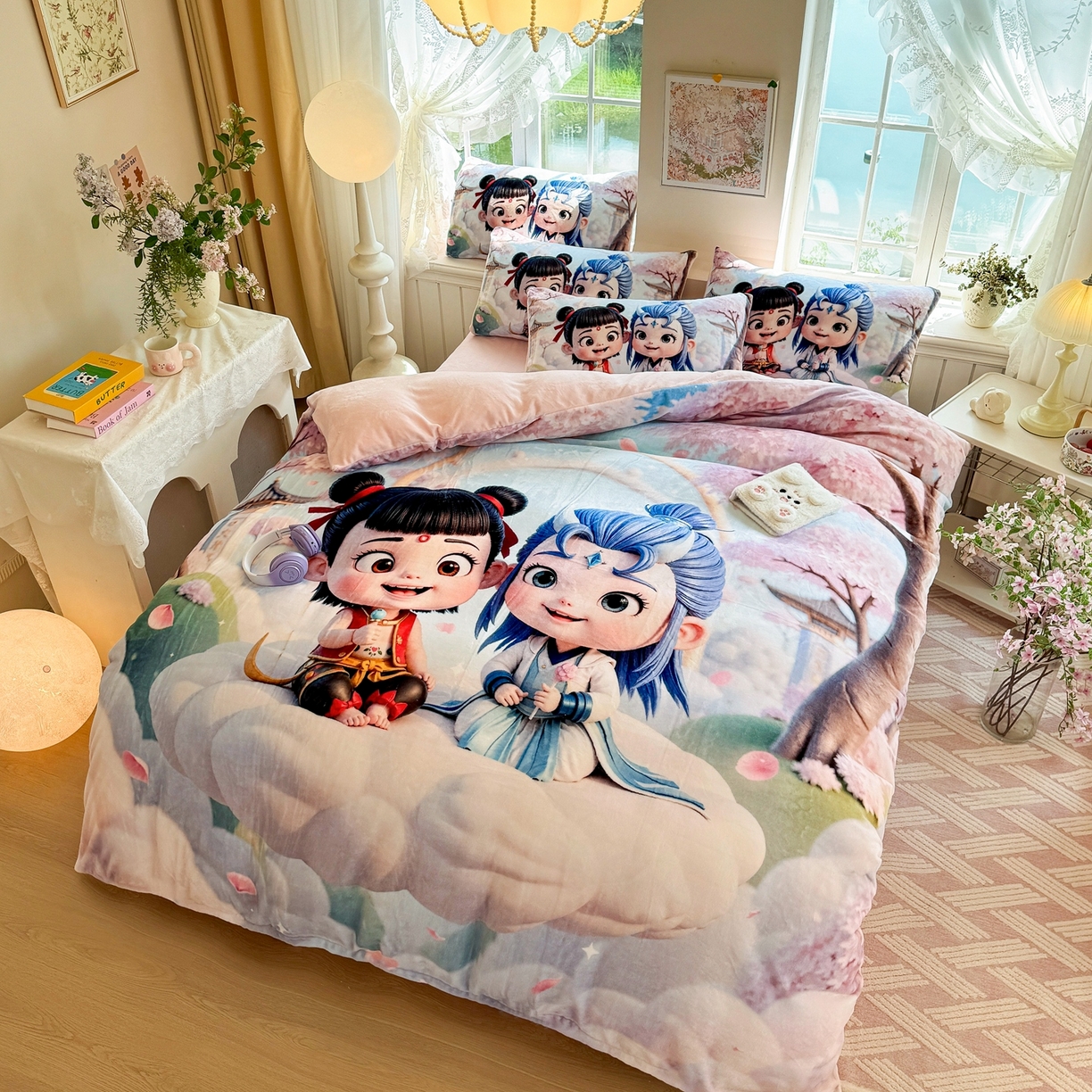 91家纺网 家纺一手货源 找家纺 馨语家居 2025新款直播热款高克重保暖卡通牛奶绒印花四件套 腾云哪吒