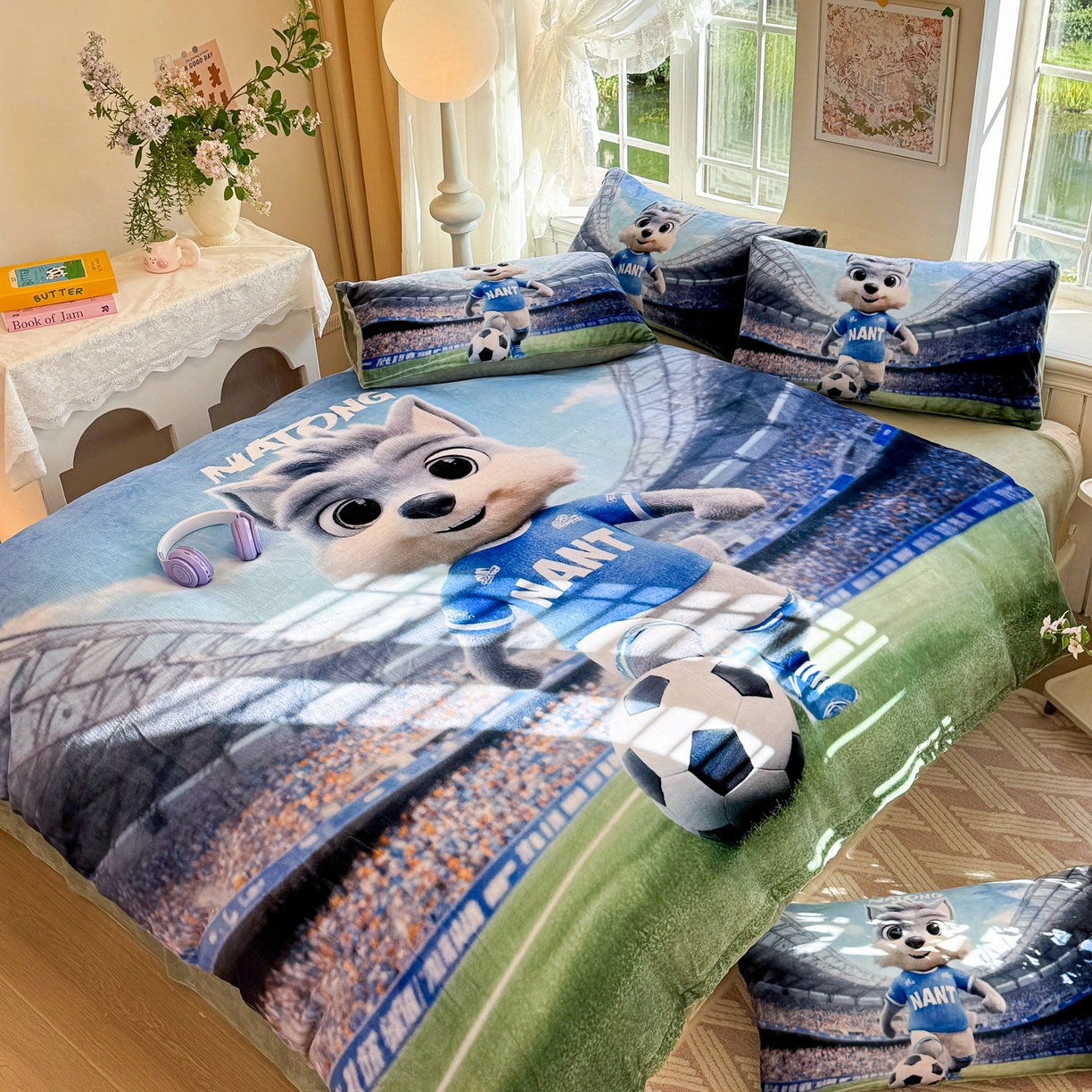 91家纺网 家纺一手货源 找家纺 馨语家居 2025新款直播热款高克重保暖卡通牛奶绒印花四件套 南通狼