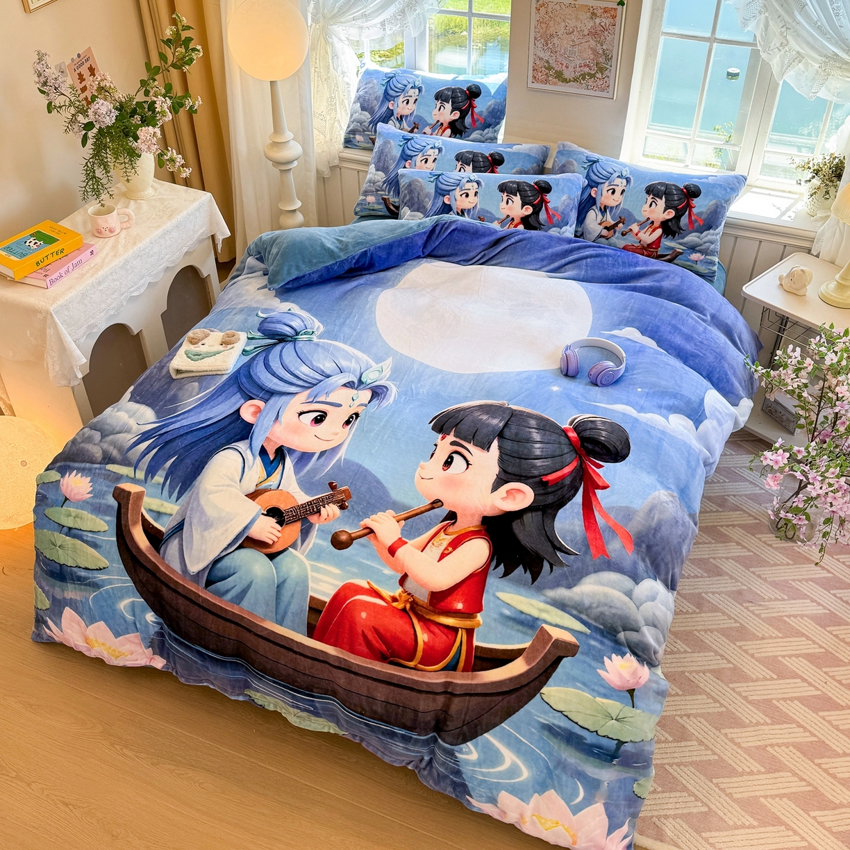 91家纺网 家纺一手货源 找家纺 馨语家居 2025新款直播热款高克重保暖卡通牛奶绒印花四件套 漂流哪吒