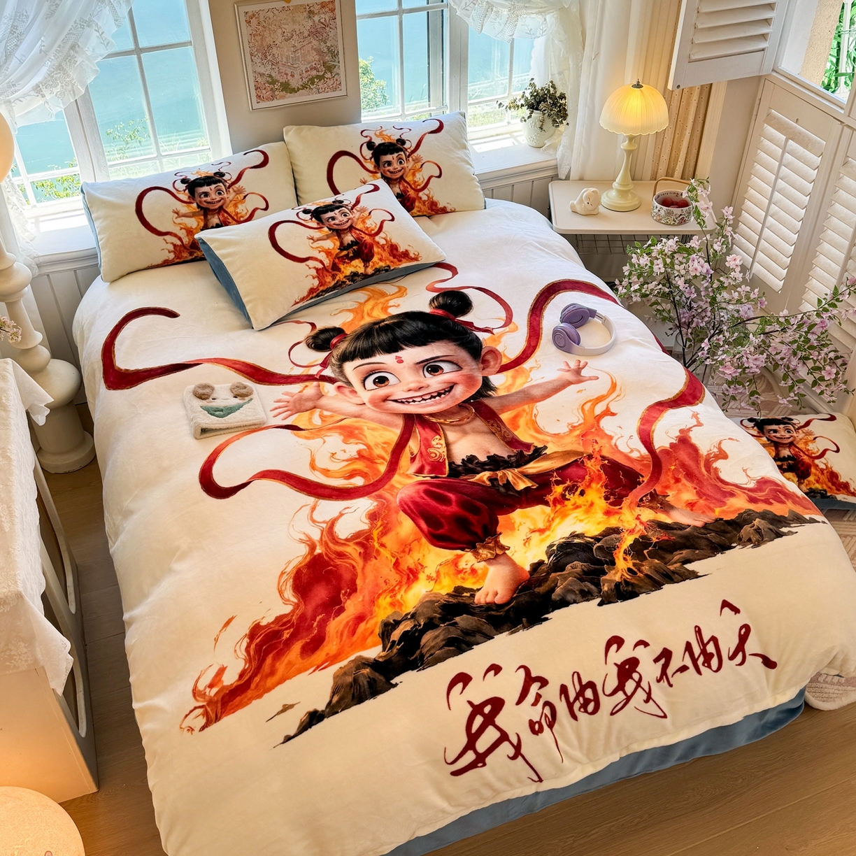 91家纺网 家纺一手货源 找家纺 馨语家居 2025新款直播热款高克重保暖卡通牛奶绒印花四件套 浴火哪吒