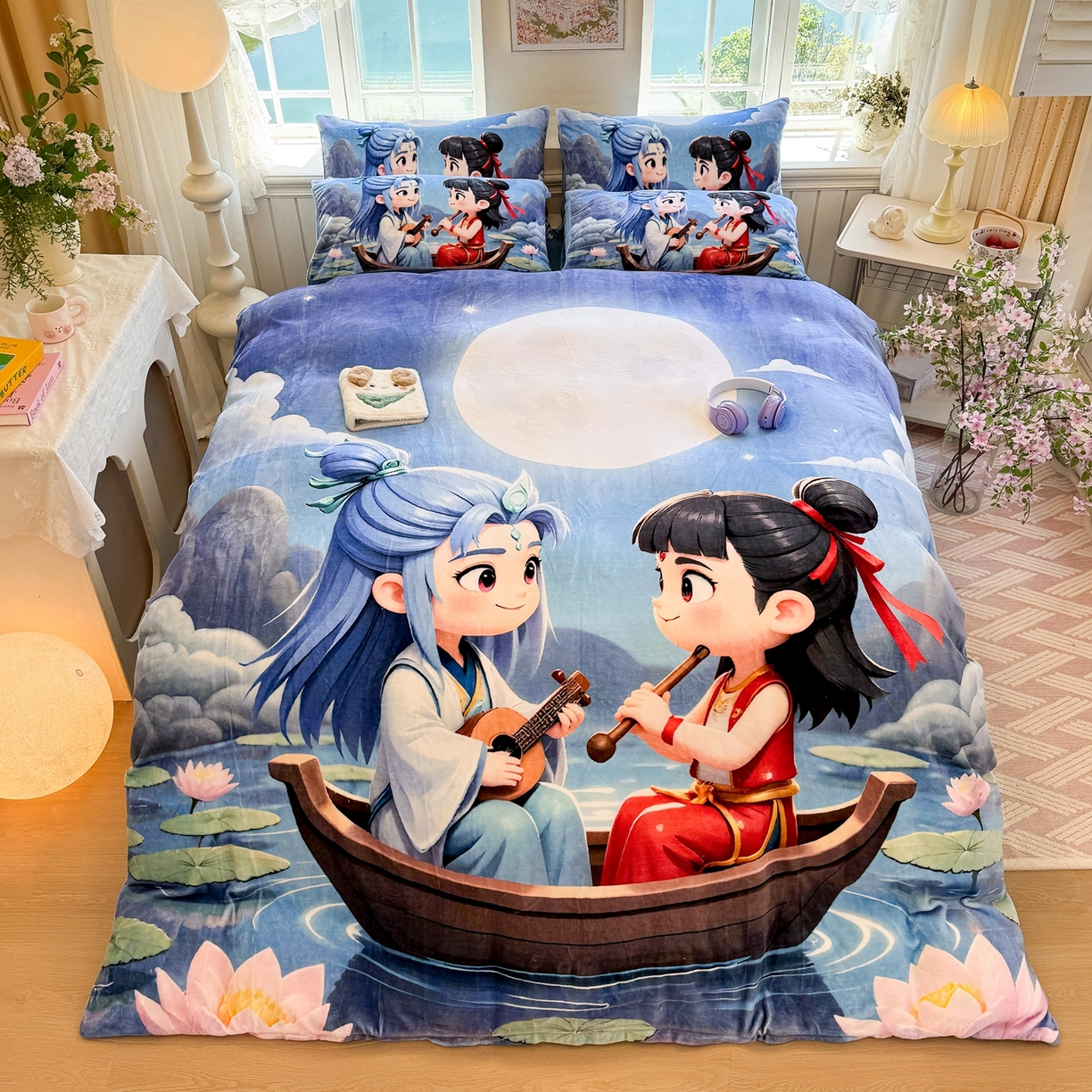 91家纺网 家纺一手货源 找家纺 馨语家居 2025新款直播热款高克重保暖卡通牛奶绒印花四件套 漂流哪吒