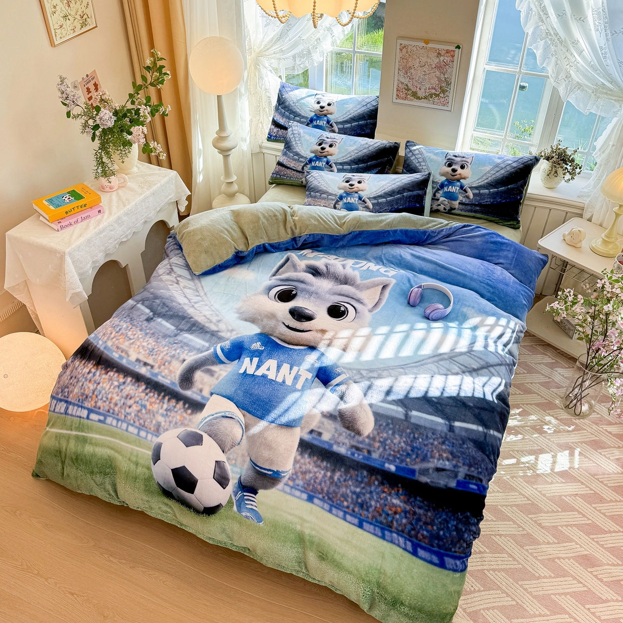 91家纺网 家纺一手货源 找家纺 馨语家居 2025新款直播热款高克重保暖卡通牛奶绒印花四件套 南通狼