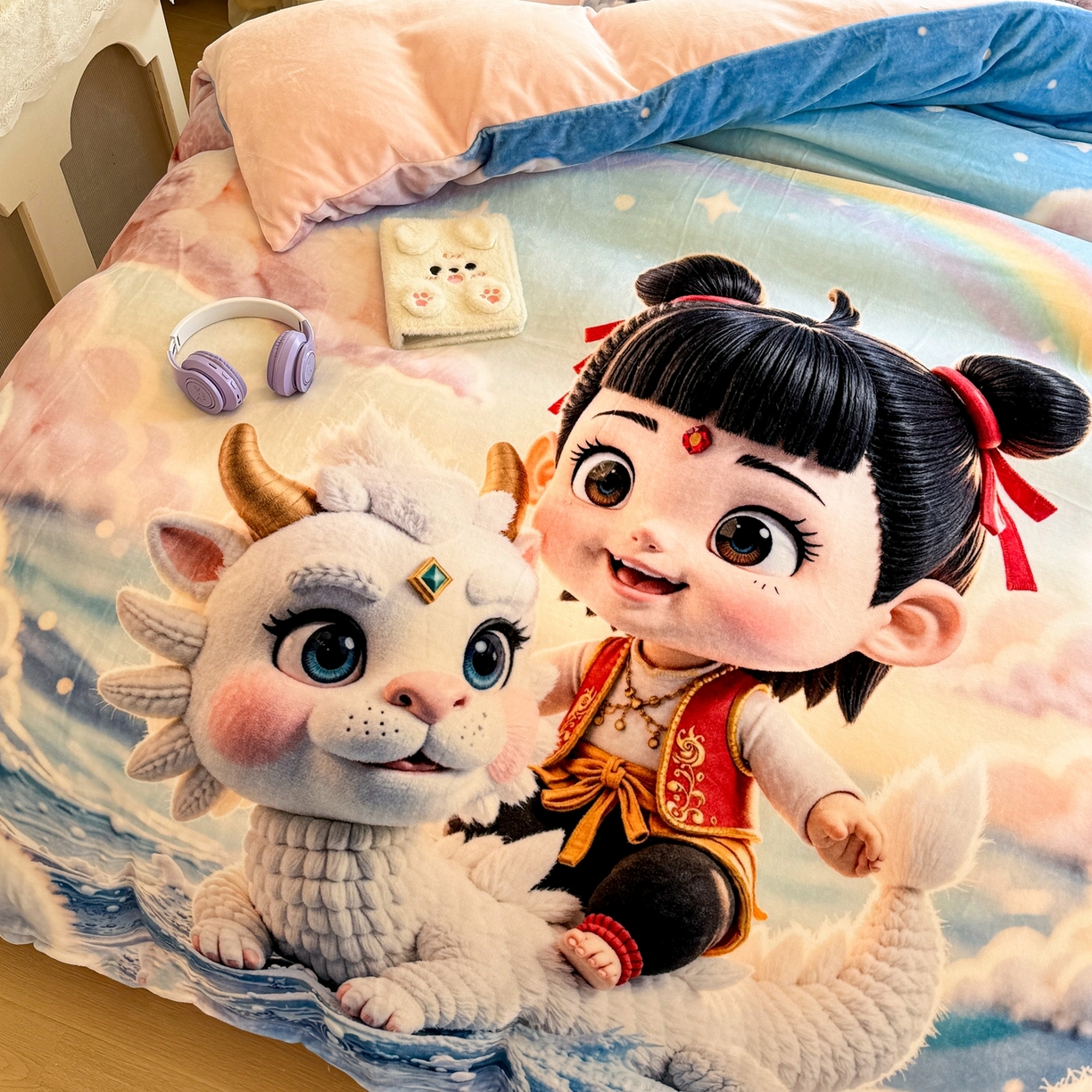 91家纺网 家纺一手货源 找家纺 馨语家居 2025新款直播热款高克重保暖卡通牛奶绒印花四件套 彩虹哪吒