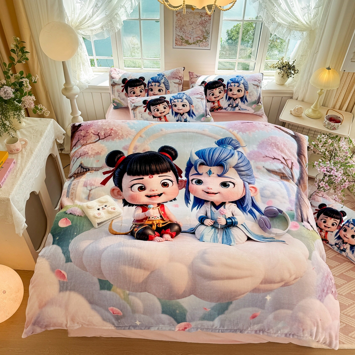 91家纺网 家纺一手货源 找家纺 馨语家居 2025新款直播热款高克重保暖卡通牛奶绒印花四件套 腾云哪吒