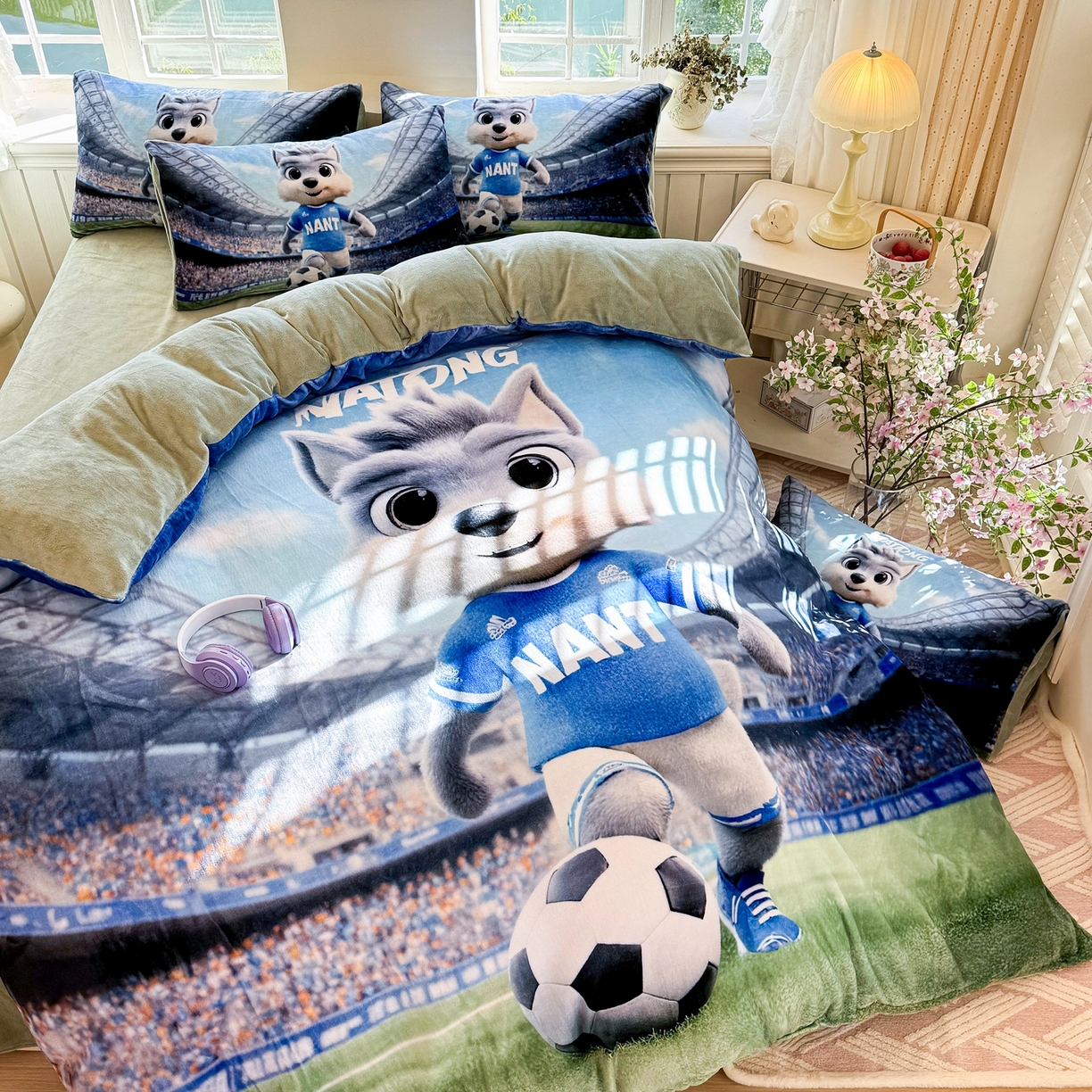 91家纺网 家纺一手货源 找家纺 馨语家居 2025新款直播热款高克重保暖卡通牛奶绒印花四件套 南通狼