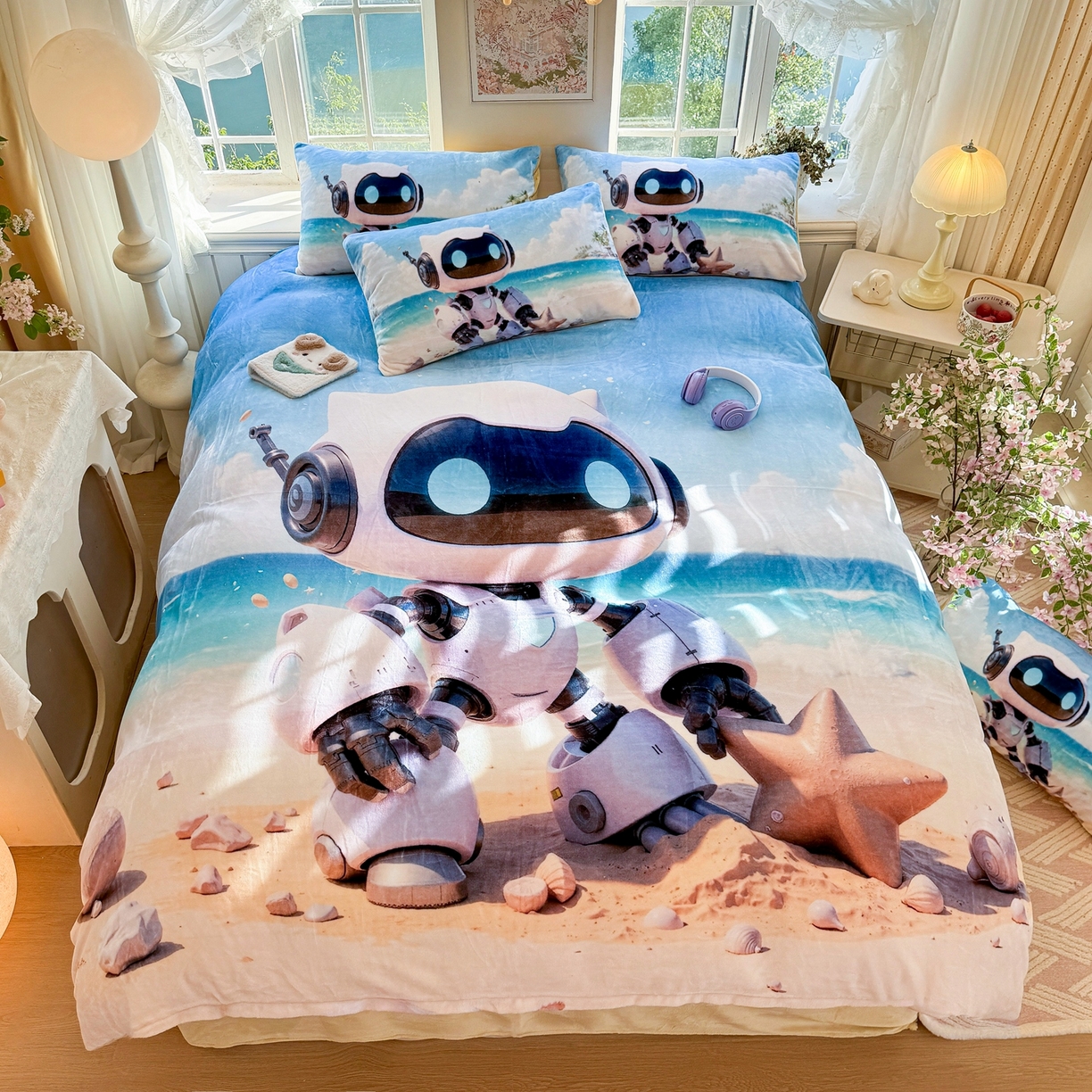 91家纺网 家纺一手货源 找家纺 馨语家居 2025新款直播热款高克重保暖卡通牛奶绒印花四件套 海洋机器人