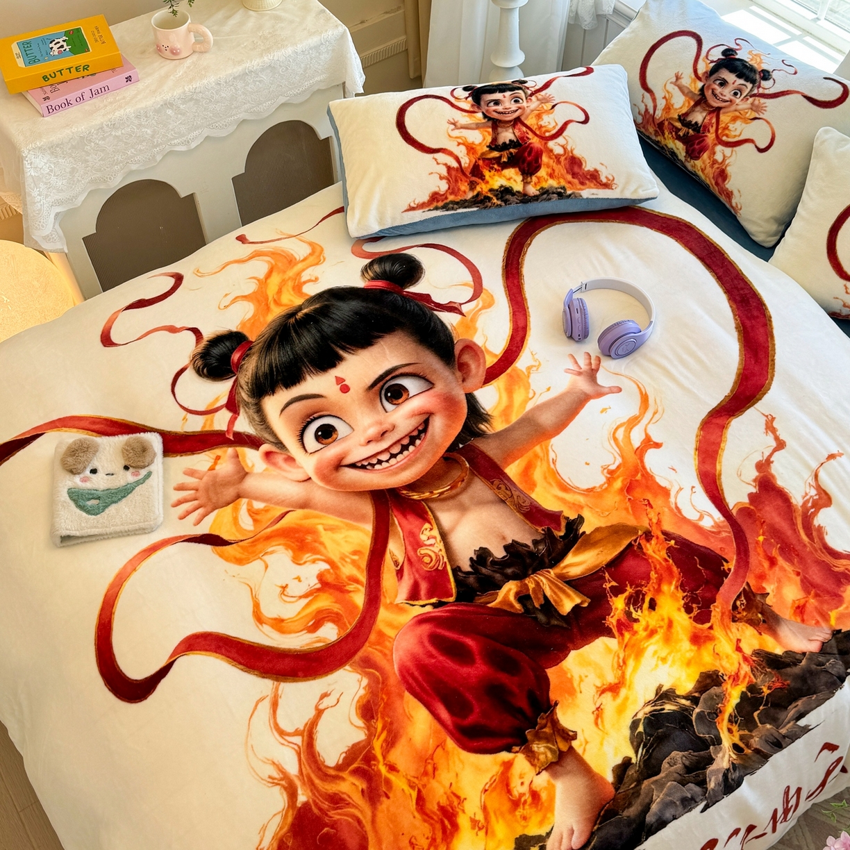 91家纺网 家纺一手货源 找家纺 馨语家居 2025新款直播热款高克重保暖卡通牛奶绒印花四件套 浴火哪吒