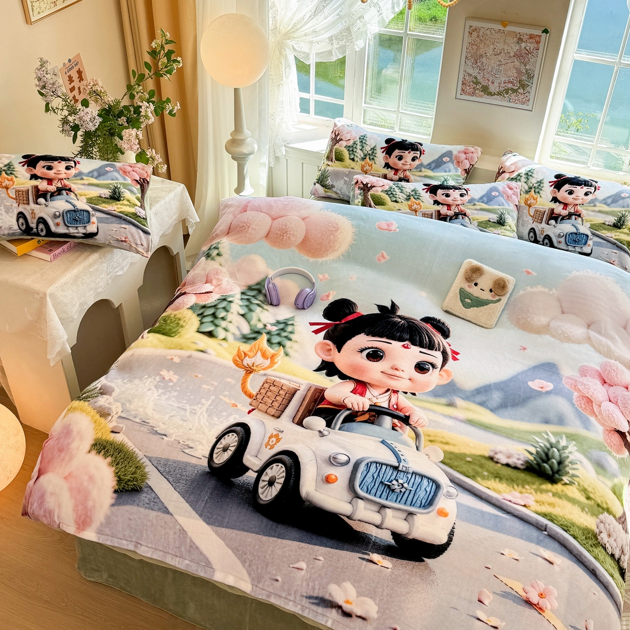 91家纺网 家纺一手货源 找家纺 馨语家居 2025新款直播热款高克重保暖卡通牛奶绒印花四件套 郊游哪吒