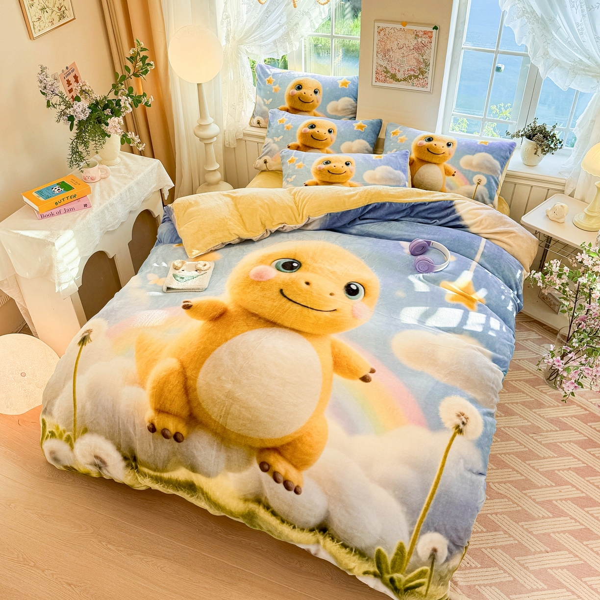 91家纺网 家纺一手货源 找家纺 馨语家居 2025新款直播热款高克重保暖卡通牛奶绒印花四件套 小奶龙