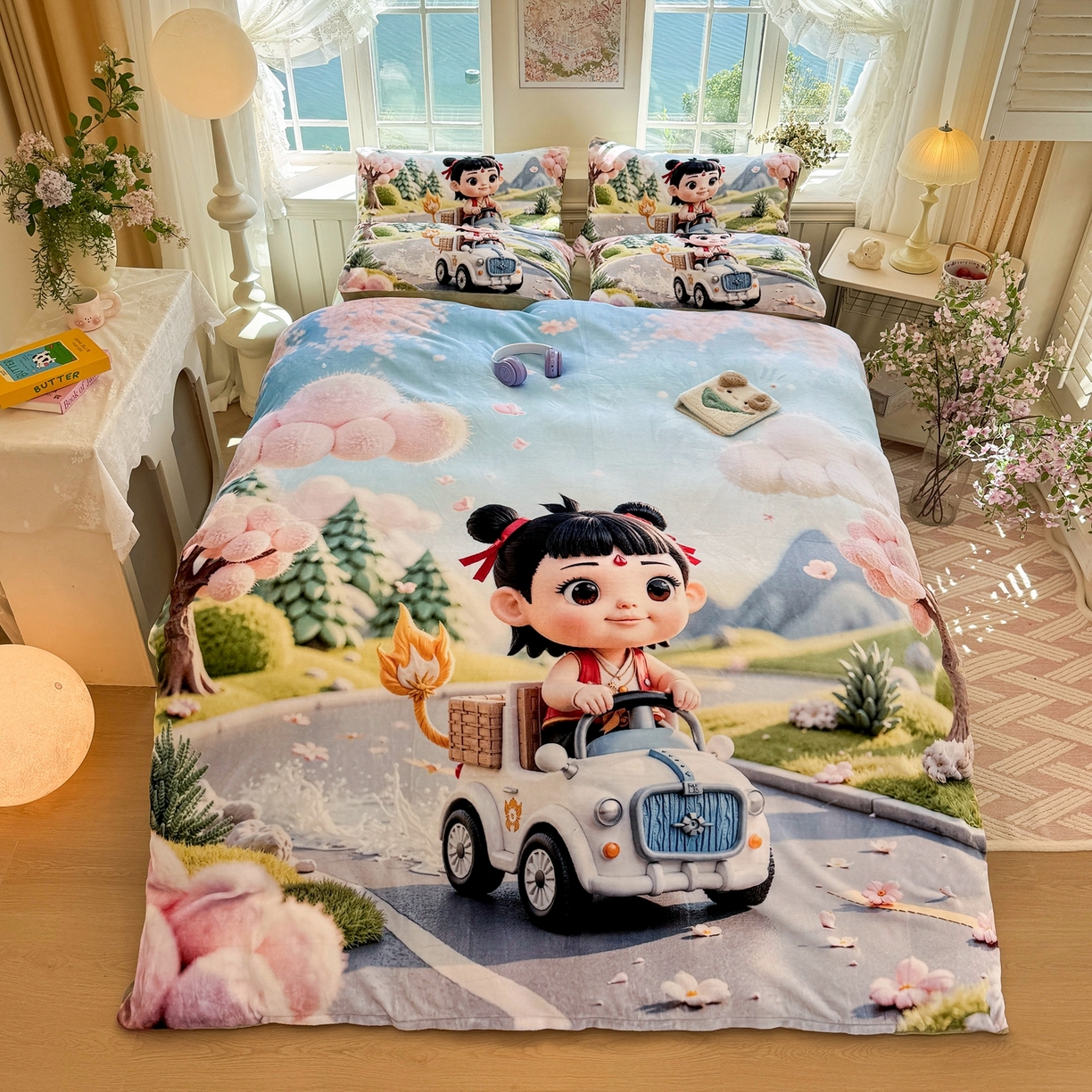 91家纺网 家纺一手货源 找家纺 馨语家居 2025新款直播热款高克重保暖卡通牛奶绒印花四件套 郊游哪吒