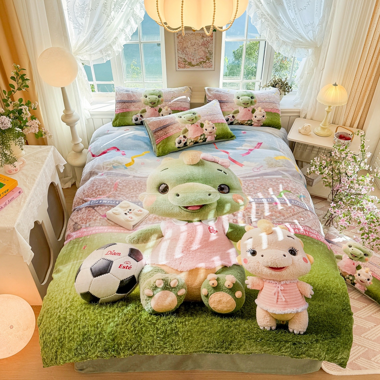 91家纺网 家纺一手货源 找家纺 馨语家居 2025新款直播热款高克重保暖卡通牛奶绒印花四件套 恐龙球队