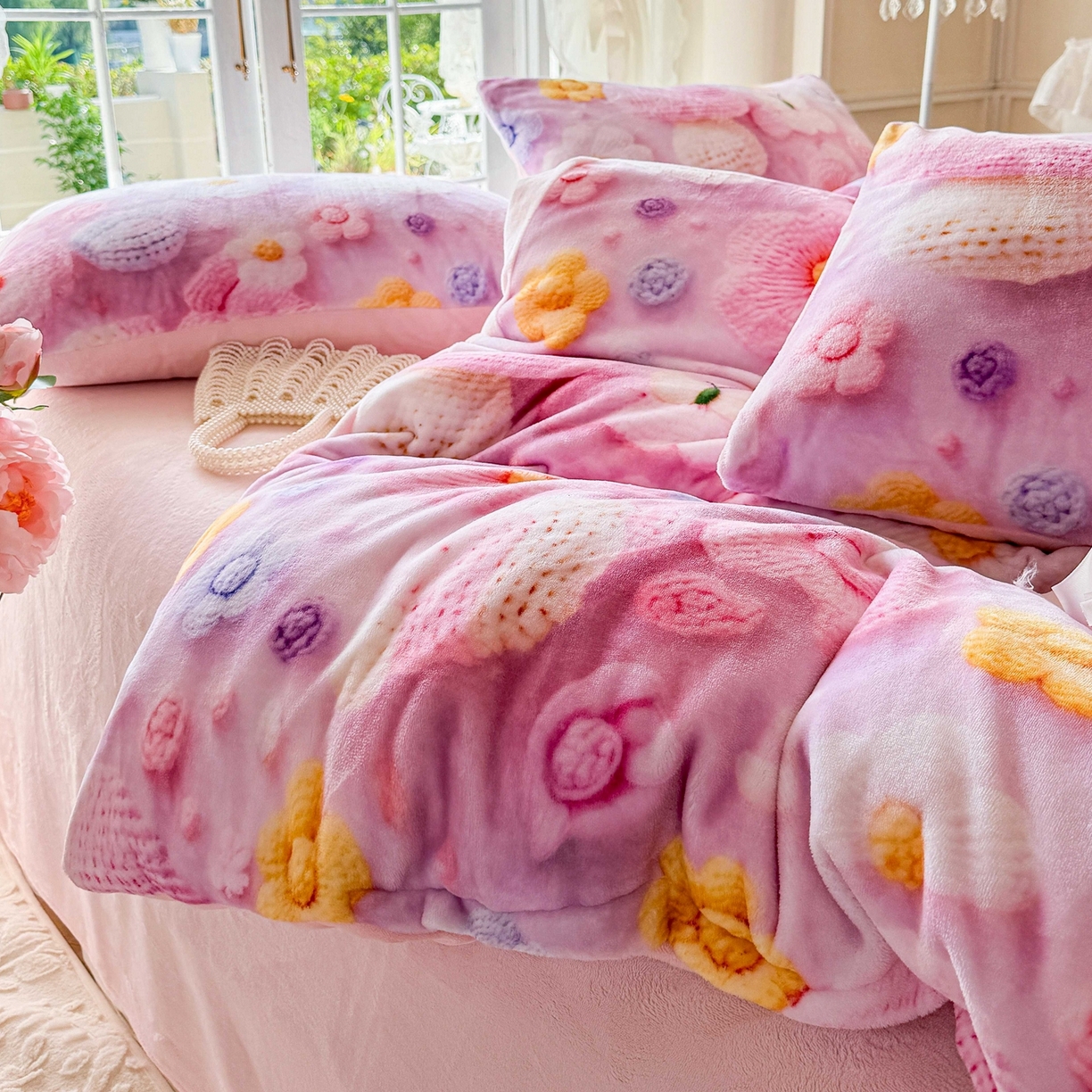 91家纺网 家纺一手货源 找家纺 馨语家居 2025新款直播热款高克重保暖卡通牛奶绒印花四件套 一路生花