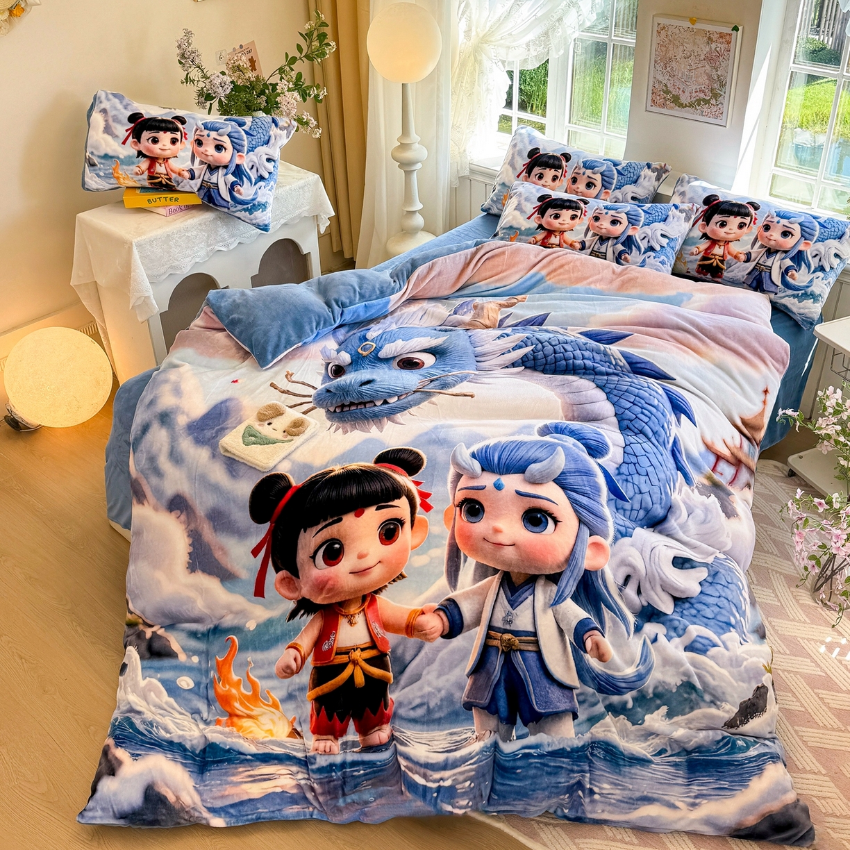 91家纺网 家纺一手货源 找家纺 馨语家居 2025新款直播热款高克重保暖卡通牛奶绒印花四件套 神龙哪吒