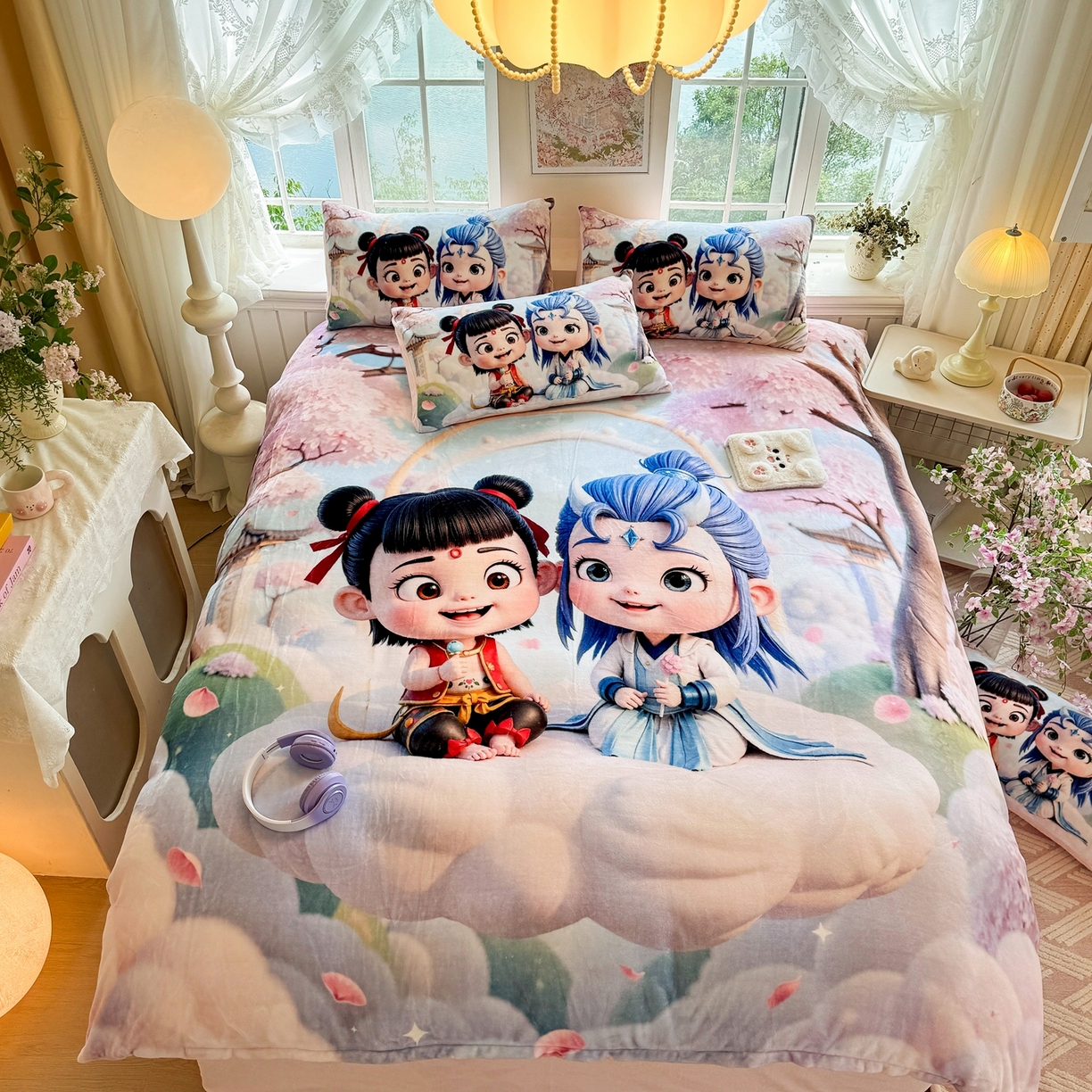 91家纺网 家纺一手货源 找家纺 馨语家居 2025新款直播热款高克重保暖卡通牛奶绒印花四件套 腾云哪吒