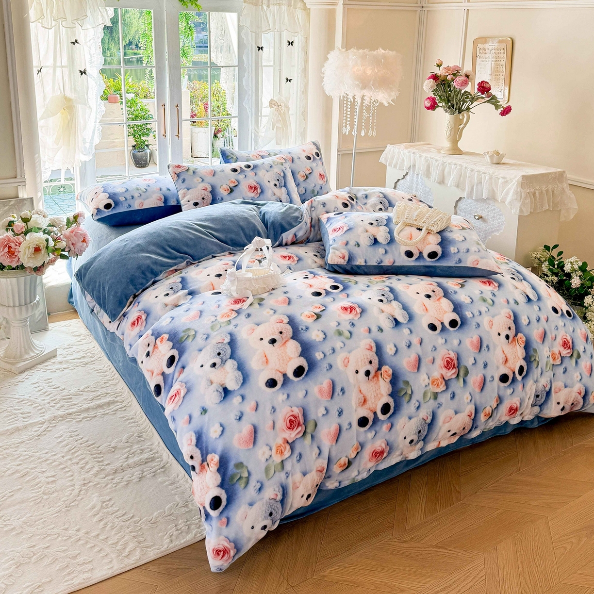 91家纺网 家纺一手货源 找家纺 馨语家居 2025新款直播热款高克重保暖卡通牛奶绒印花四件套 针织小熊