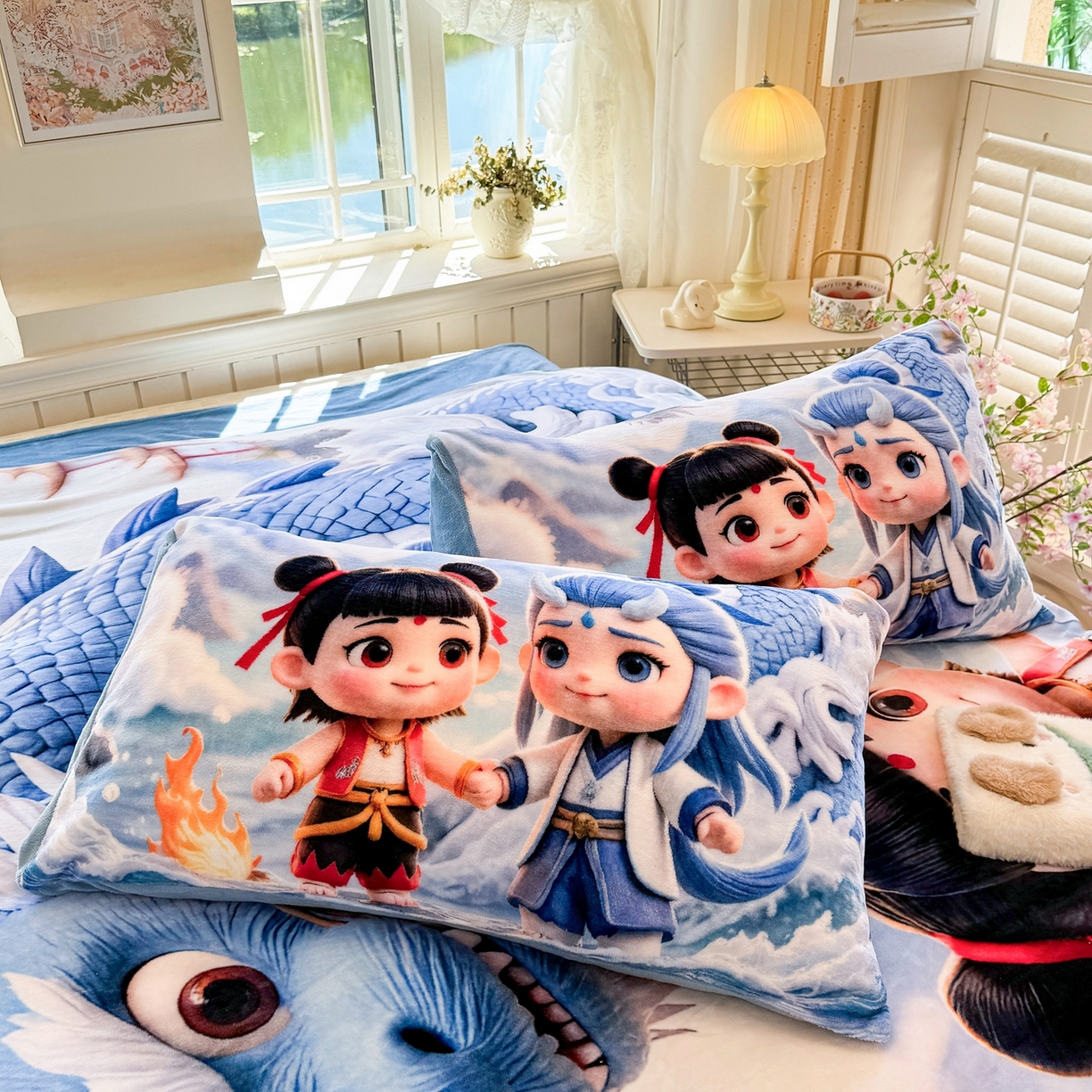 91家纺网 家纺一手货源 找家纺 馨语家居 2025新款直播热款高克重保暖卡通牛奶绒印花四件套 神龙哪吒