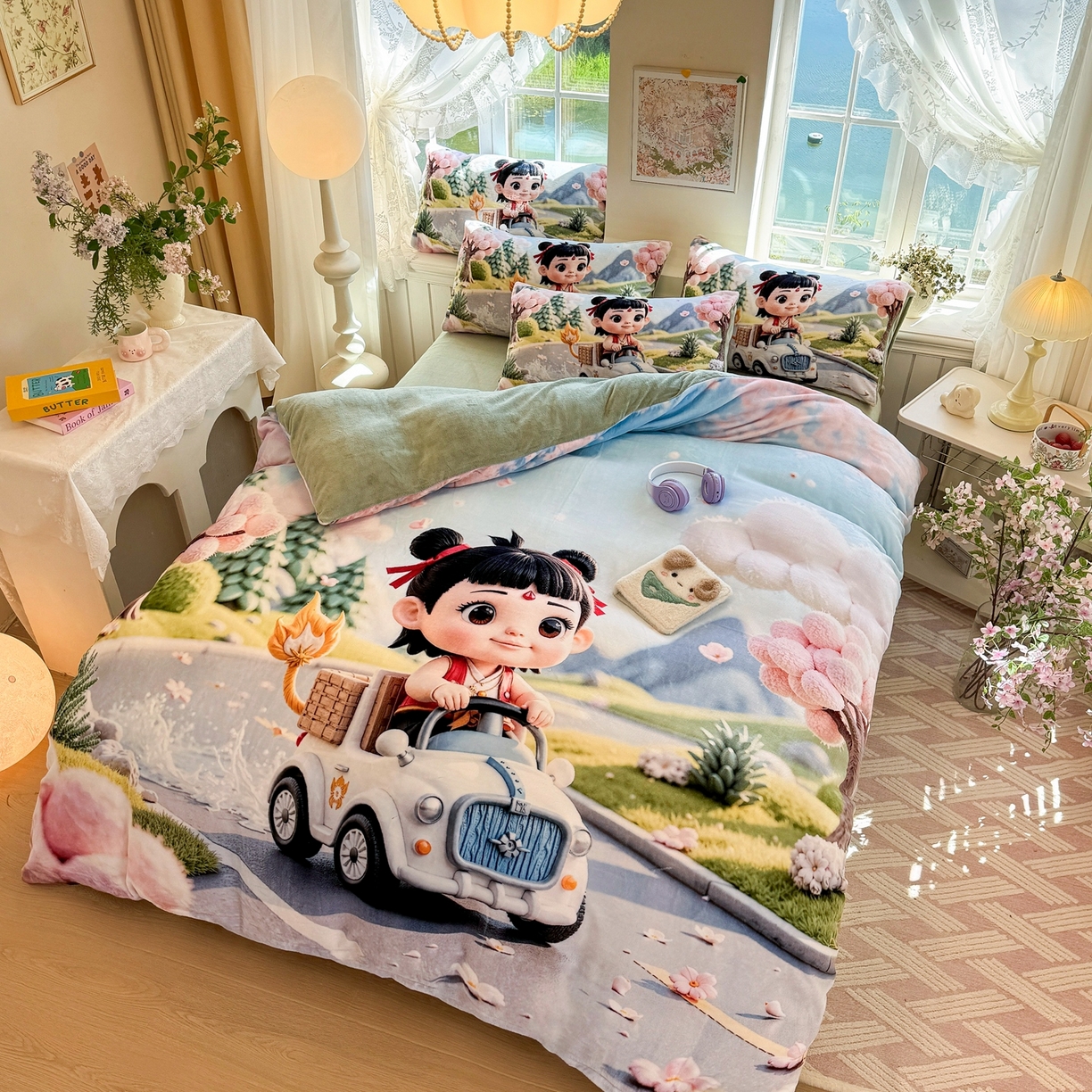 91家纺网 家纺一手货源 找家纺 馨语家居 2025新款直播热款高克重保暖卡通牛奶绒印花四件套 郊游哪吒