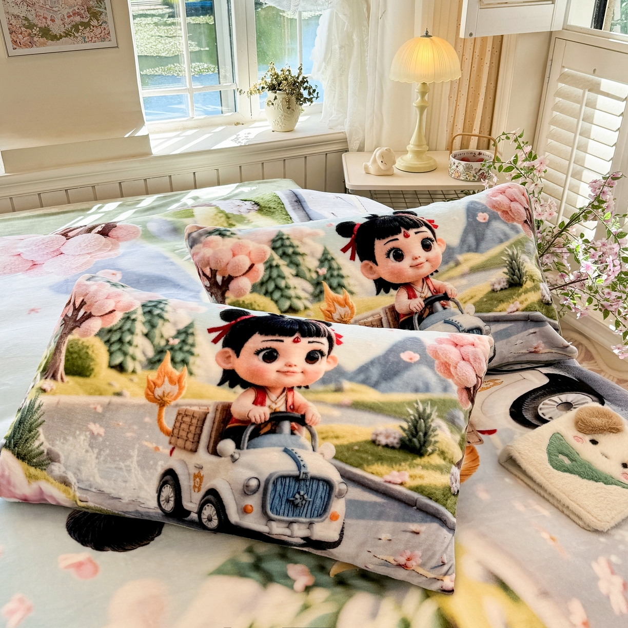 91家纺网 家纺一手货源 找家纺 馨语家居 2025新款直播热款高克重保暖卡通牛奶绒印花四件套 郊游哪吒