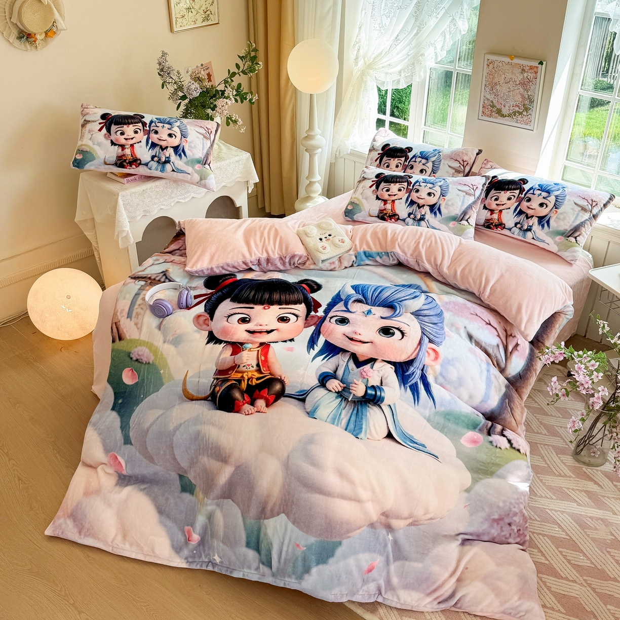 91家纺网 家纺一手货源 找家纺 馨语家居 2025新款直播热款高克重保暖卡通牛奶绒印花四件套 腾云哪吒