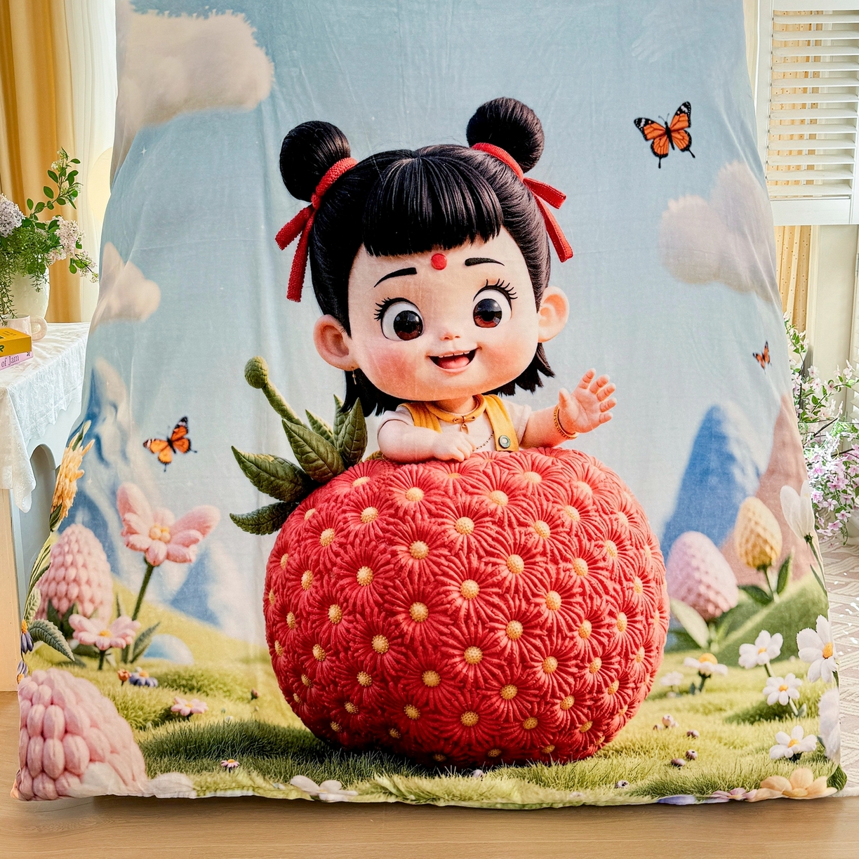 91家纺网 家纺一手货源 找家纺 馨语家居 2025新款直播热款高克重保暖卡通牛奶绒印花四件套 草莓哪吒