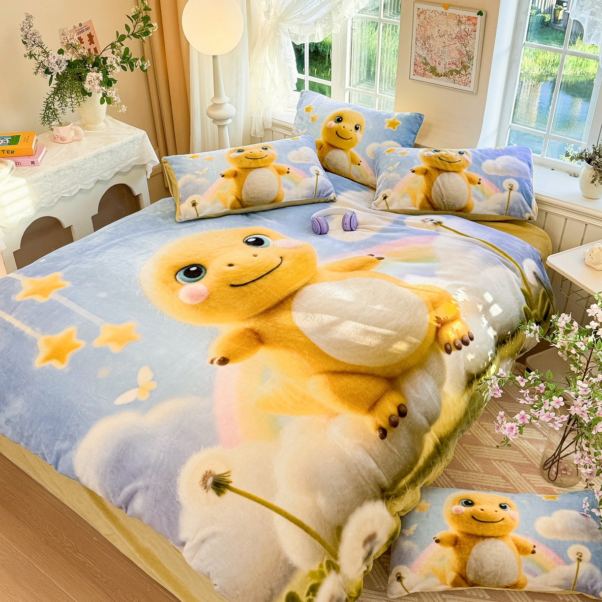 91家纺网 家纺一手货源 找家纺 馨语家居 2025新款直播热款高克重保暖卡通牛奶绒印花四件套 小奶龙