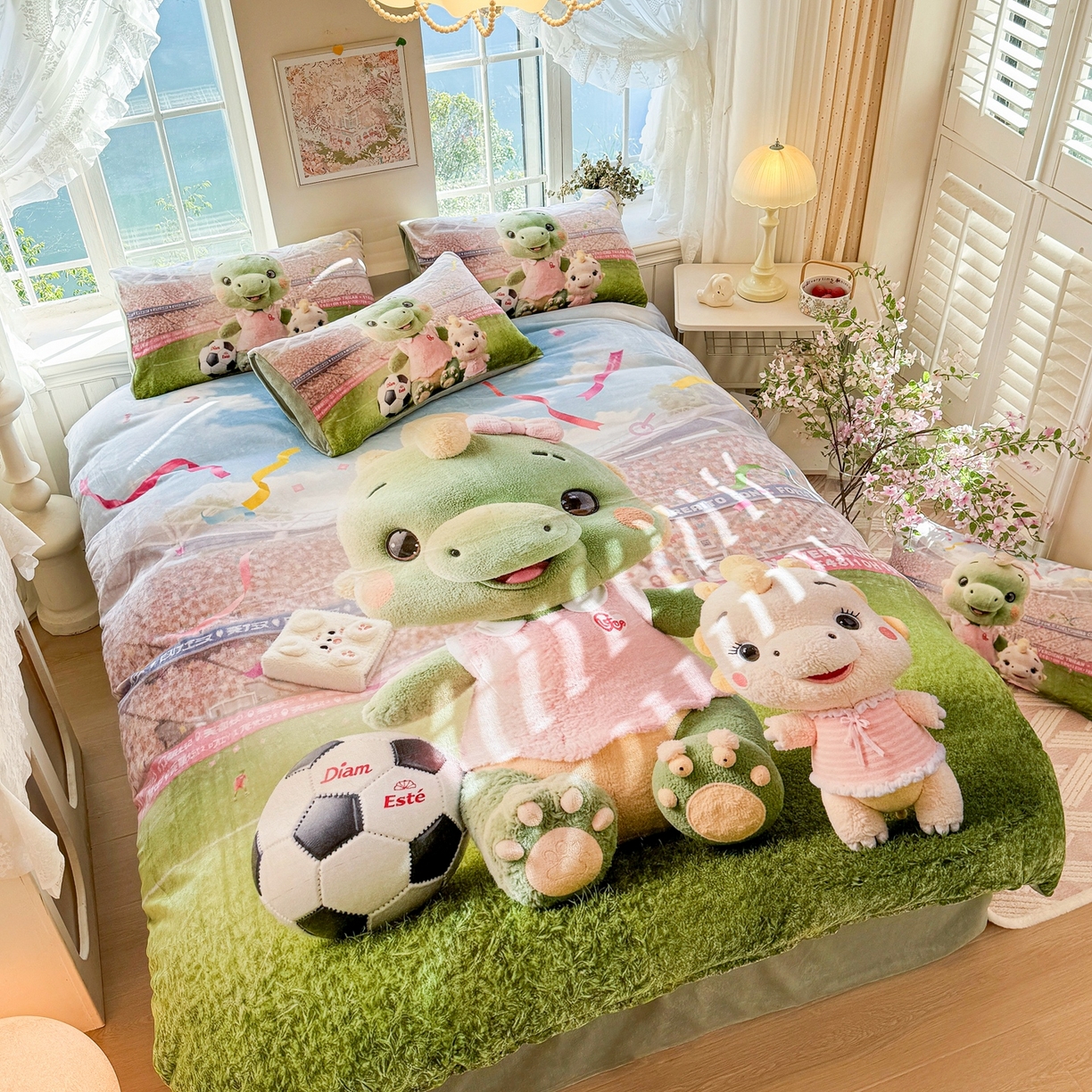 91家纺网 家纺一手货源 找家纺 馨语家居 2025新款直播热款高克重保暖卡通牛奶绒印花四件套 恐龙球队