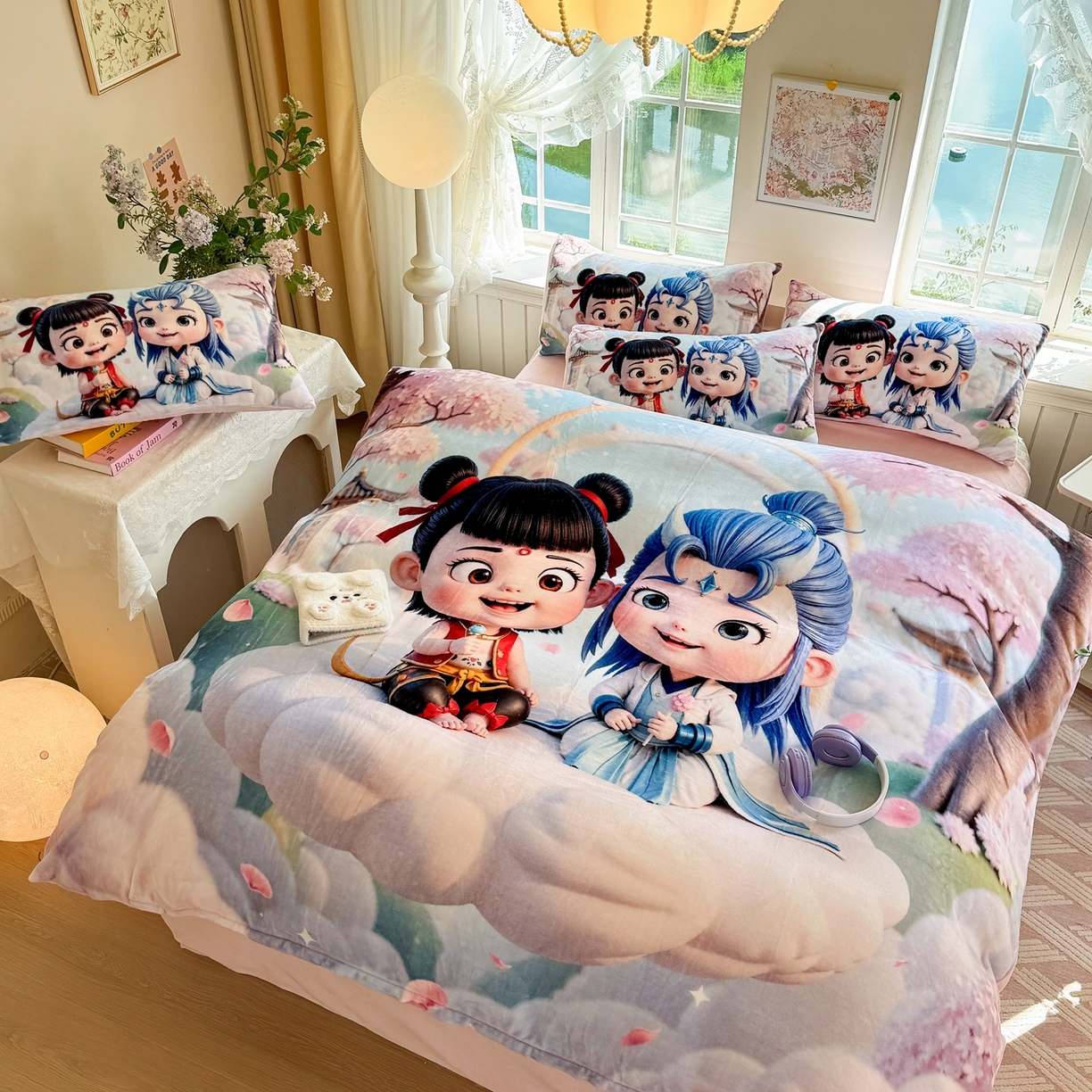 91家纺网 家纺一手货源 找家纺 馨语家居 2025新款直播热款高克重保暖卡通牛奶绒印花四件套 腾云哪吒