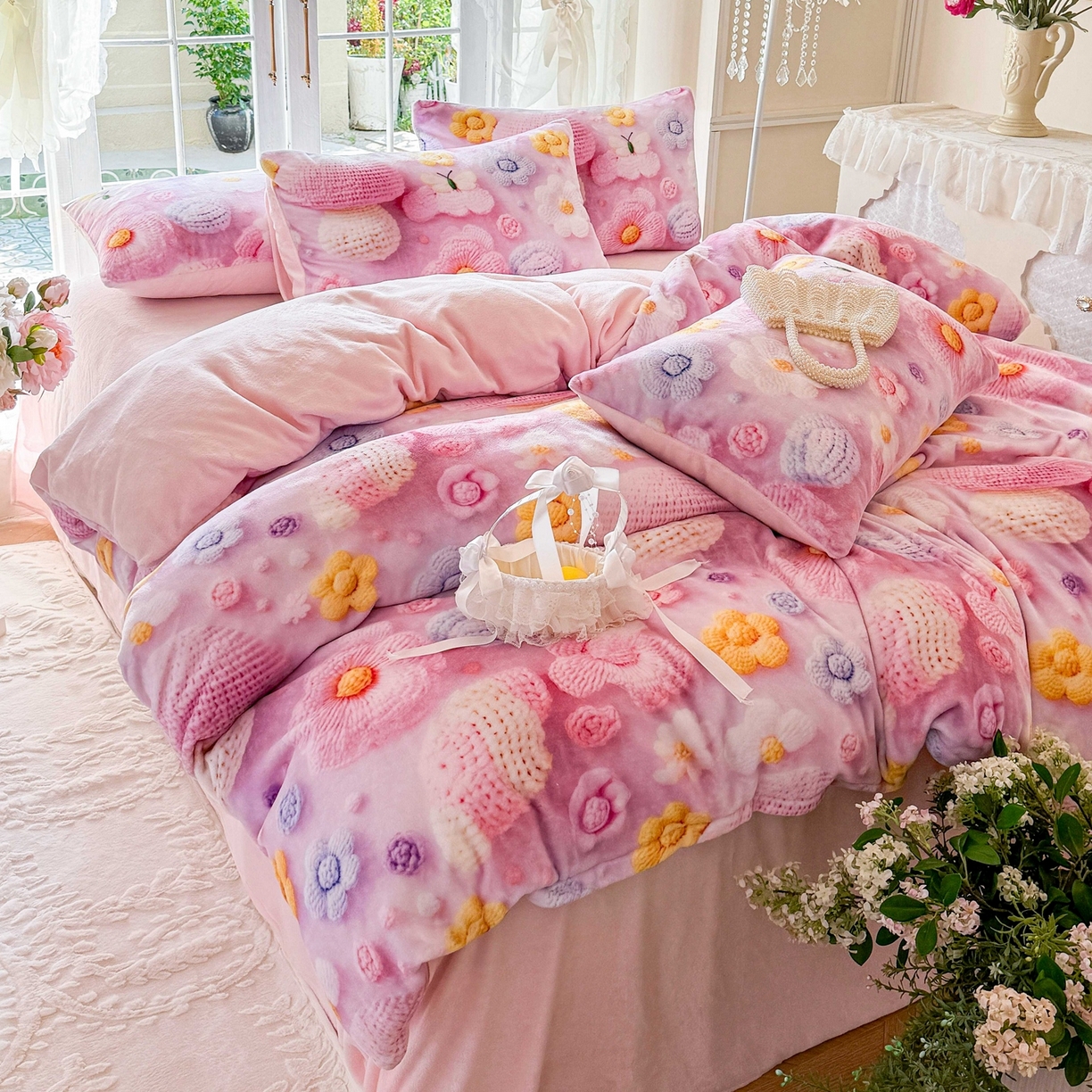 91家纺网 家纺一手货源 找家纺 馨语家居 2025新款直播热款高克重保暖卡通牛奶绒印花四件套 一路生花