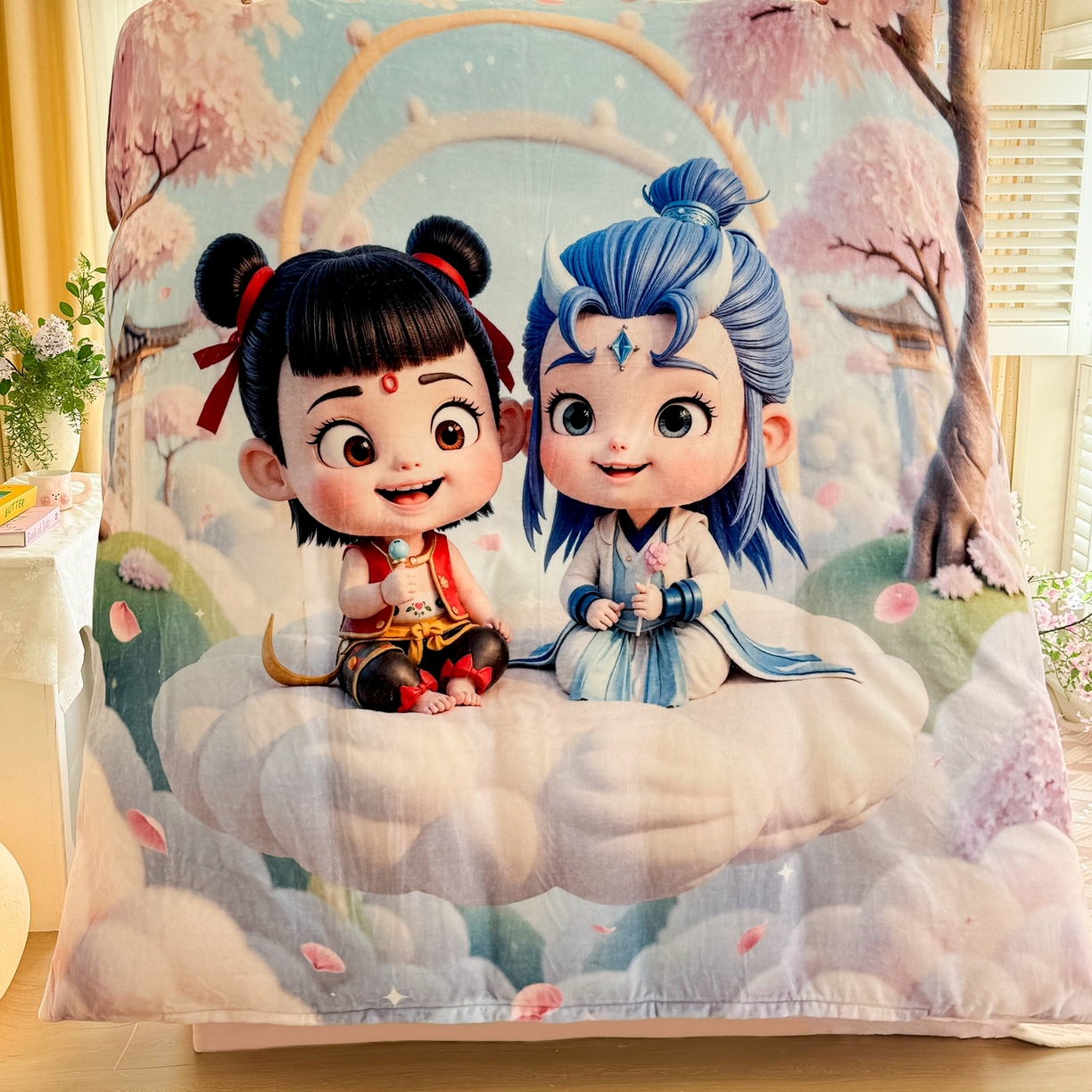 91家纺网 家纺一手货源 找家纺 馨语家居 2025新款直播热款高克重保暖卡通牛奶绒印花四件套 腾云哪吒