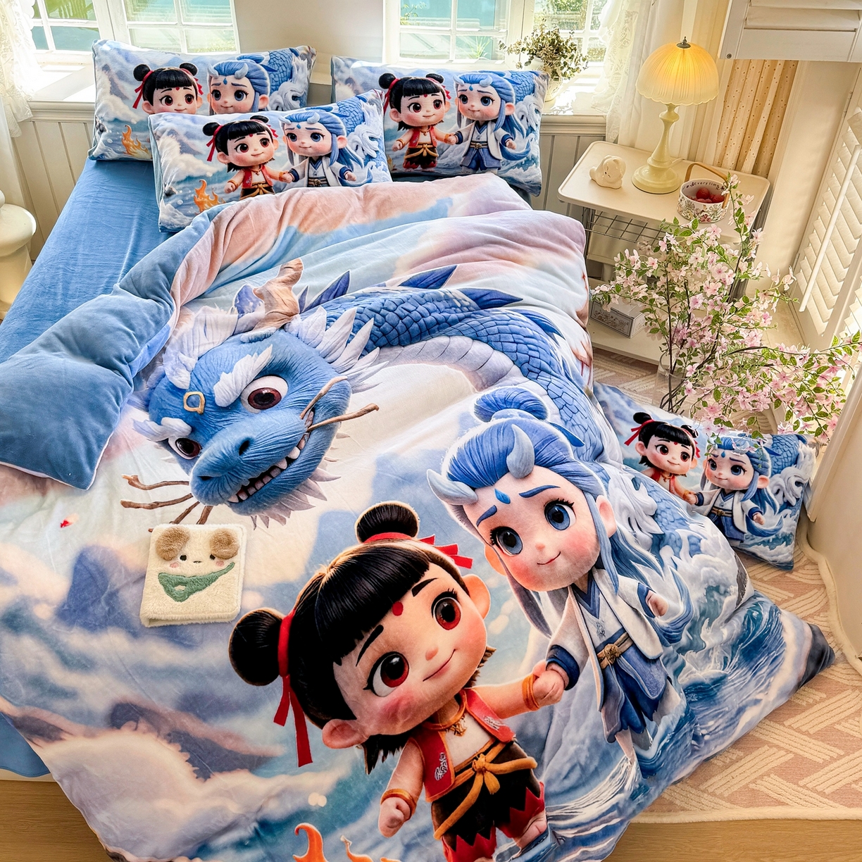 91家纺网 家纺一手货源 找家纺 馨语家居 2025新款直播热款高克重保暖卡通牛奶绒印花四件套 神龙哪吒