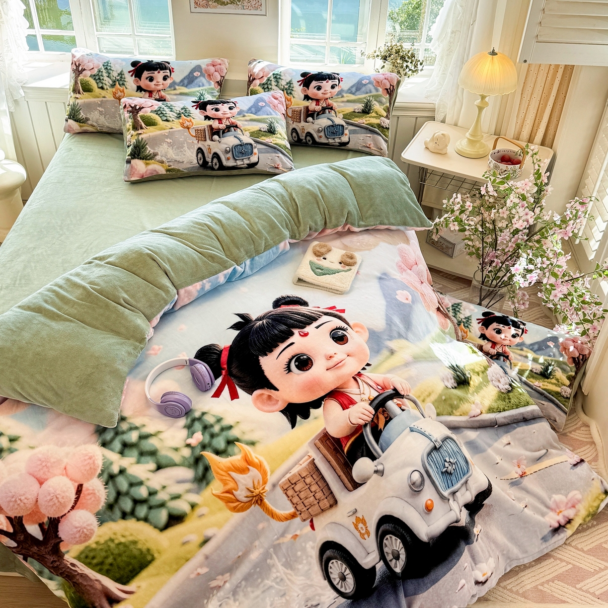 91家纺网 家纺一手货源 找家纺 馨语家居 2025新款直播热款高克重保暖卡通牛奶绒印花四件套 郊游哪吒