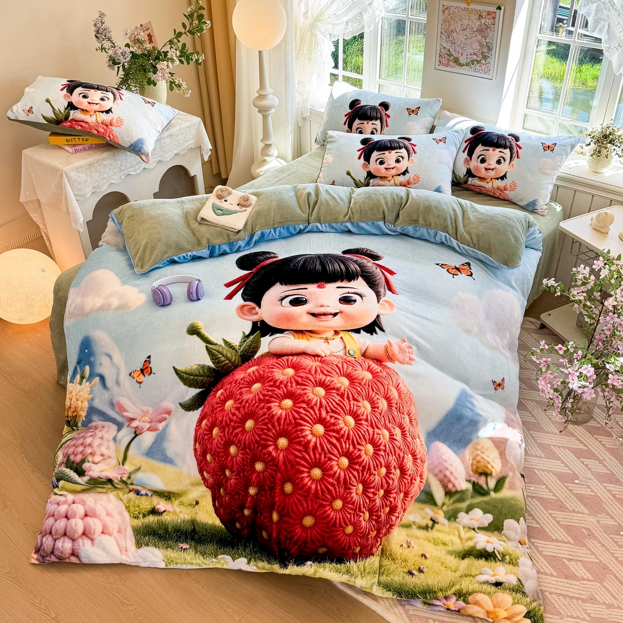 91家纺网 家纺一手货源 找家纺 馨语家居 2025新款直播热款高克重保暖卡通牛奶绒印花四件套 草莓哪吒